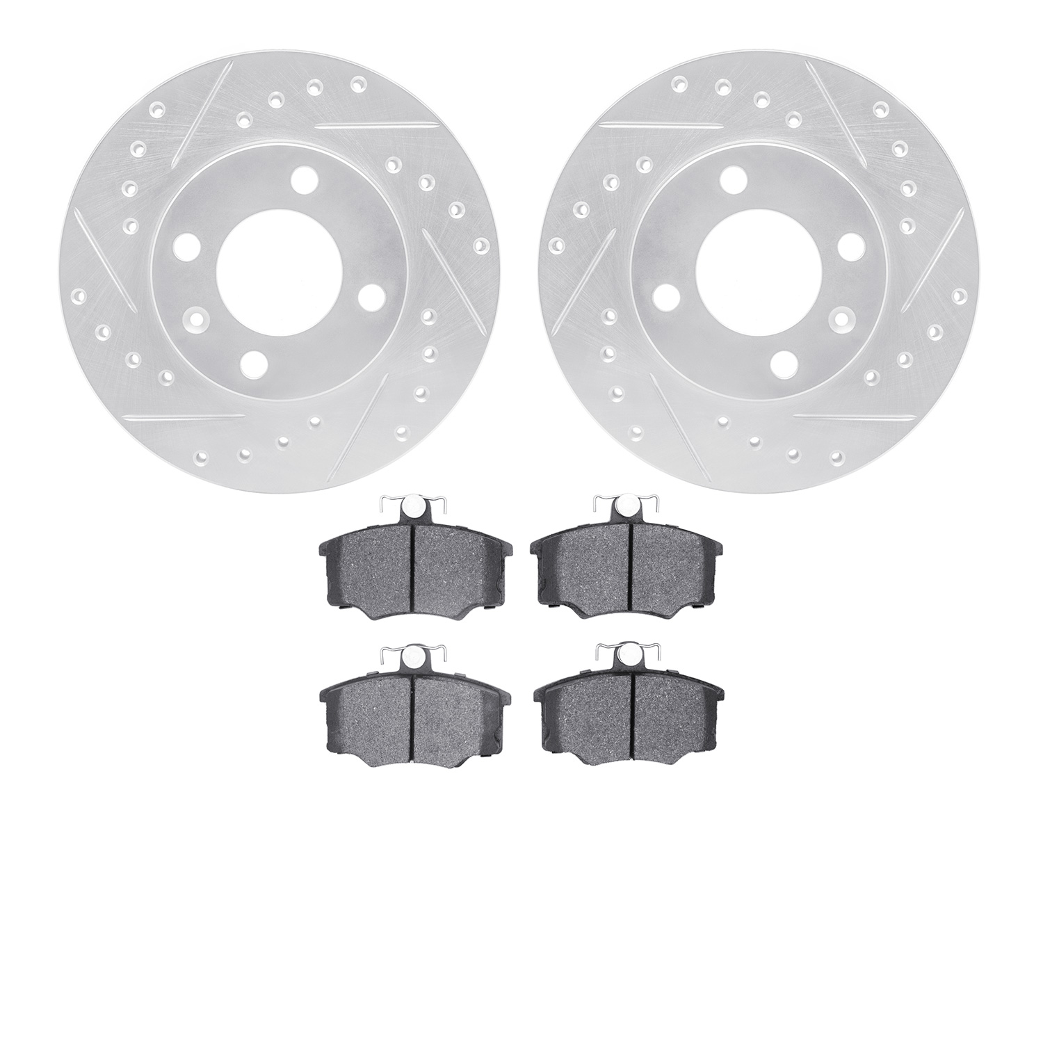 7502-74120 Drilled/Slotted Brake Rotors w/5000 Advanced Brake Pads Kit [Silver], 1984-1987 Audi/Volkswagen, Position: Front