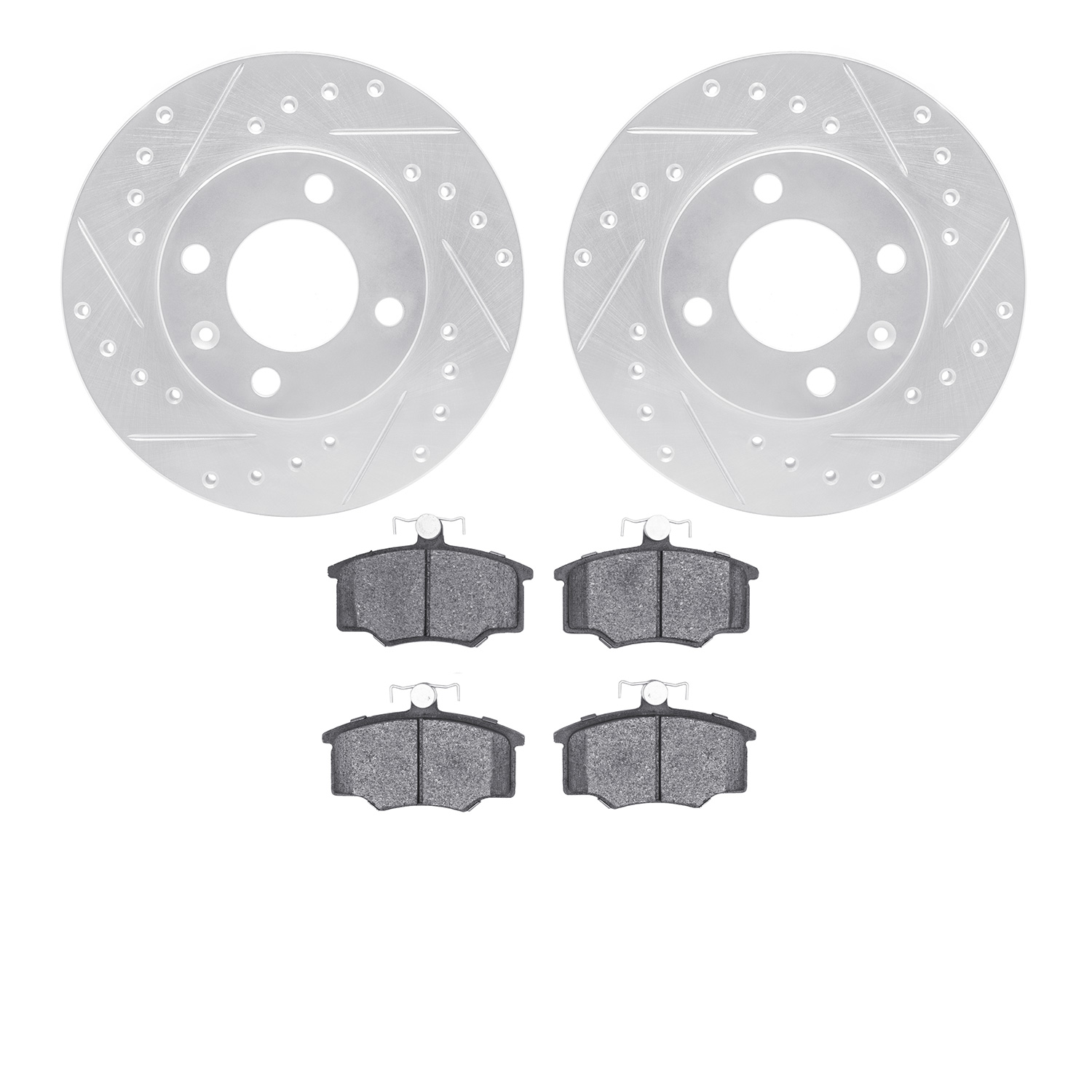 7502-74121 Drilled/Slotted Brake Rotors w/5000 Advanced Brake Pads Kit [Silver], 1982-1983 Audi/Volkswagen, Position: Front