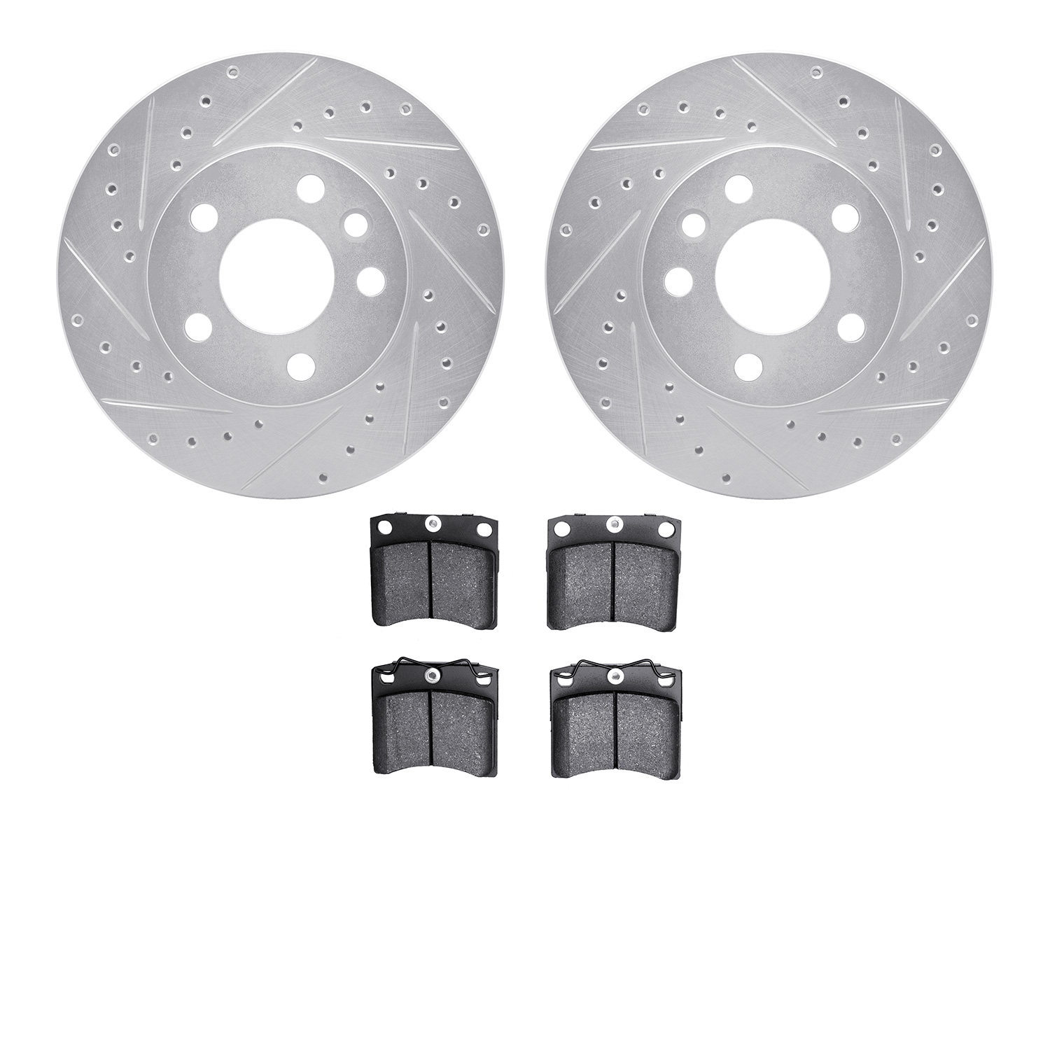 7502-74231 Drilled/Slotted Brake Rotors w/5000 Advanced Brake Pads Kit [Silver], 1996-1999 Audi/Volkswagen, Position: Front