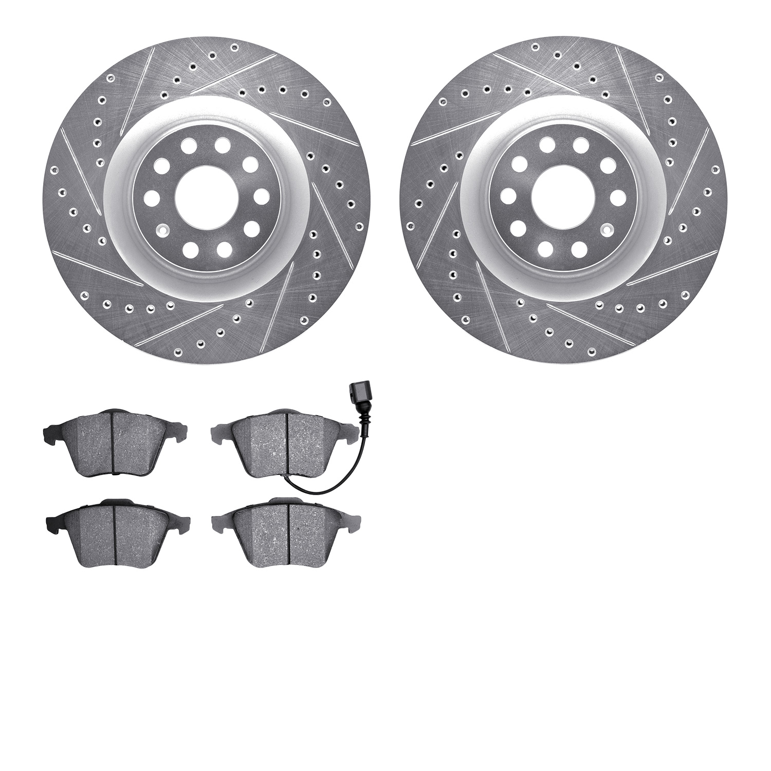 7502-74307 Drilled/Slotted Brake Rotors w/5000 Advanced Brake Pads Kit [Silver], 2006-2011 Audi/Volkswagen, Position: Front