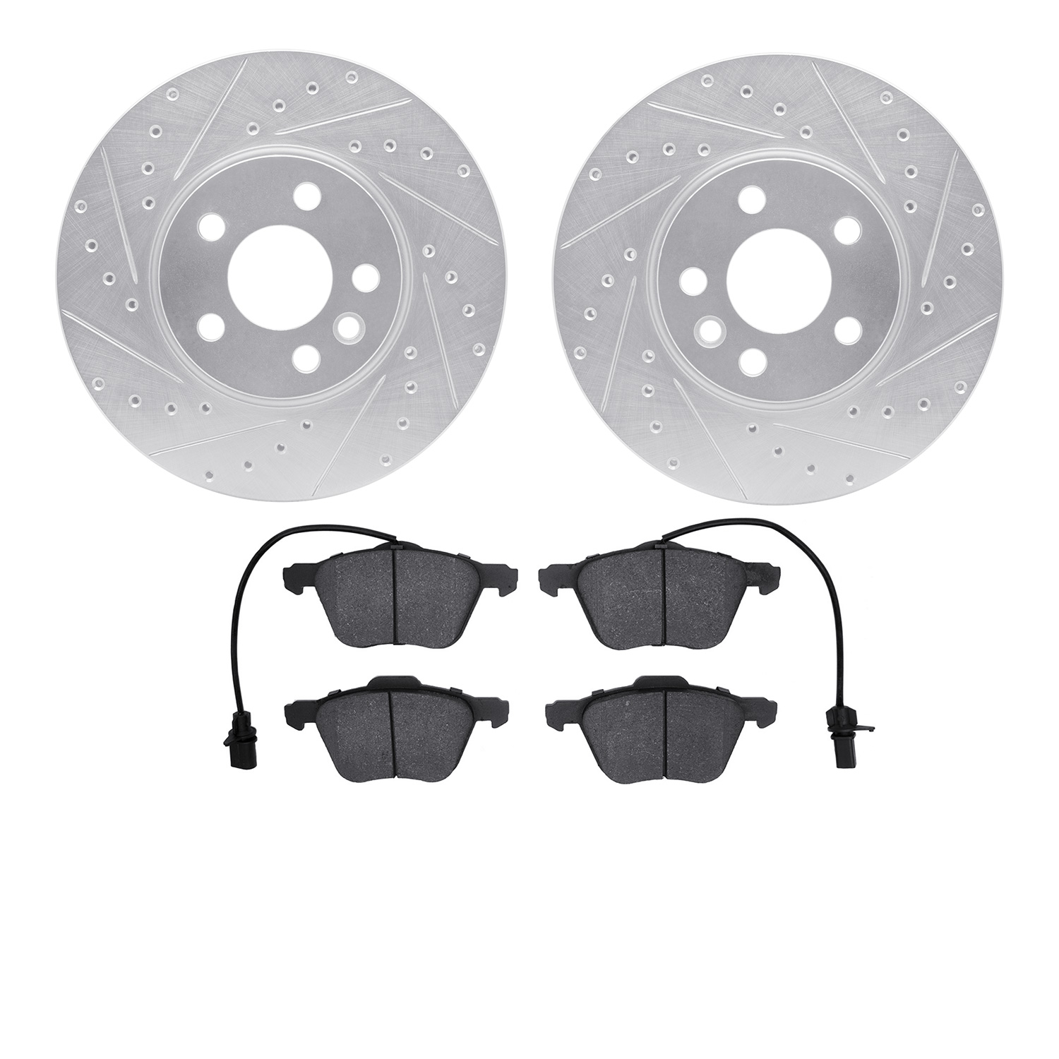 7502-74397 Drilled/Slotted Brake Rotors w/5000 Advanced Brake Pads Kit [Silver], 2001-2003 Audi/Volkswagen, Position: Front