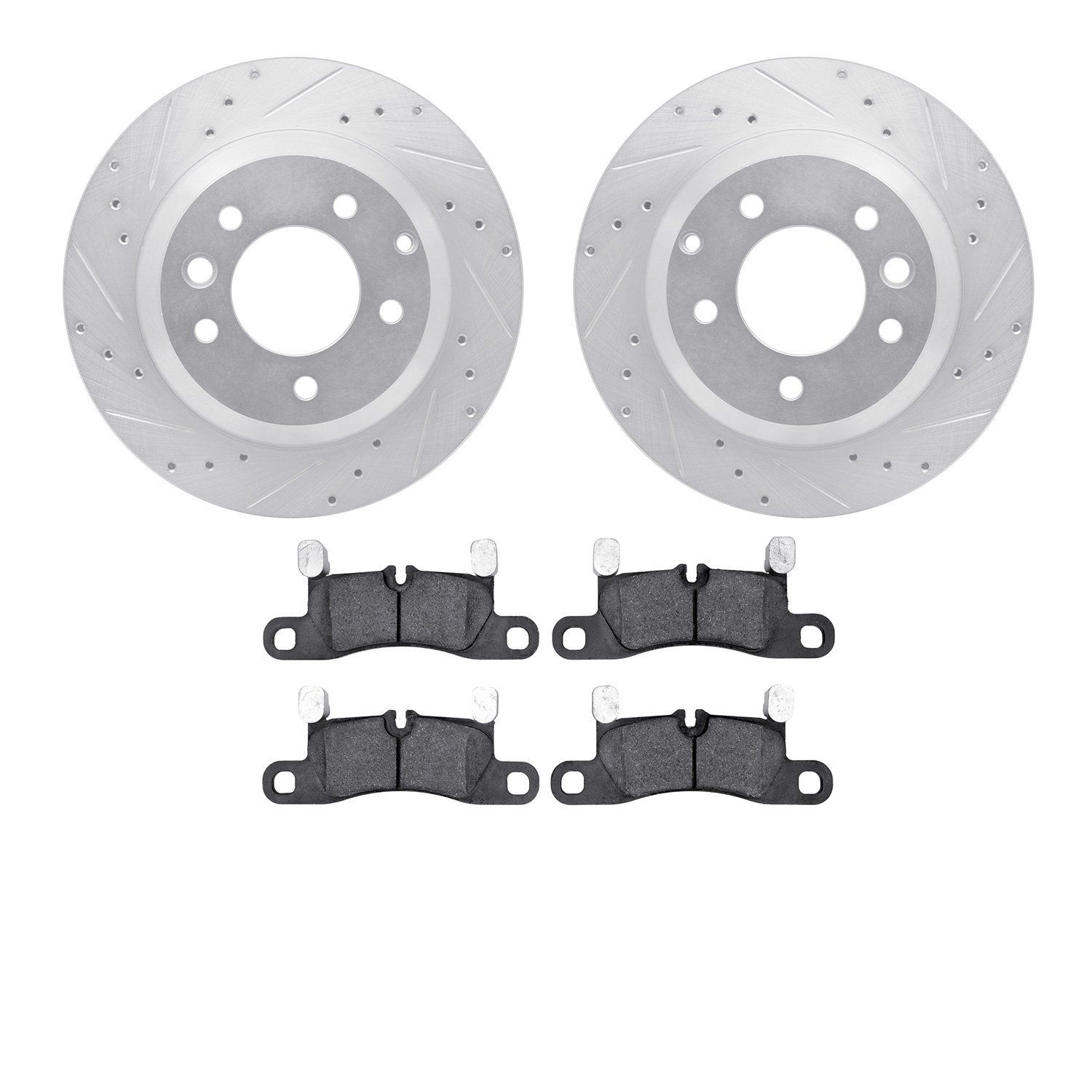 7502-74405 Drilled/Slotted Brake Rotors w/5000 Advanced Brake Pads Kit [Silver], 2011-2014 Porsche, Position: Rear