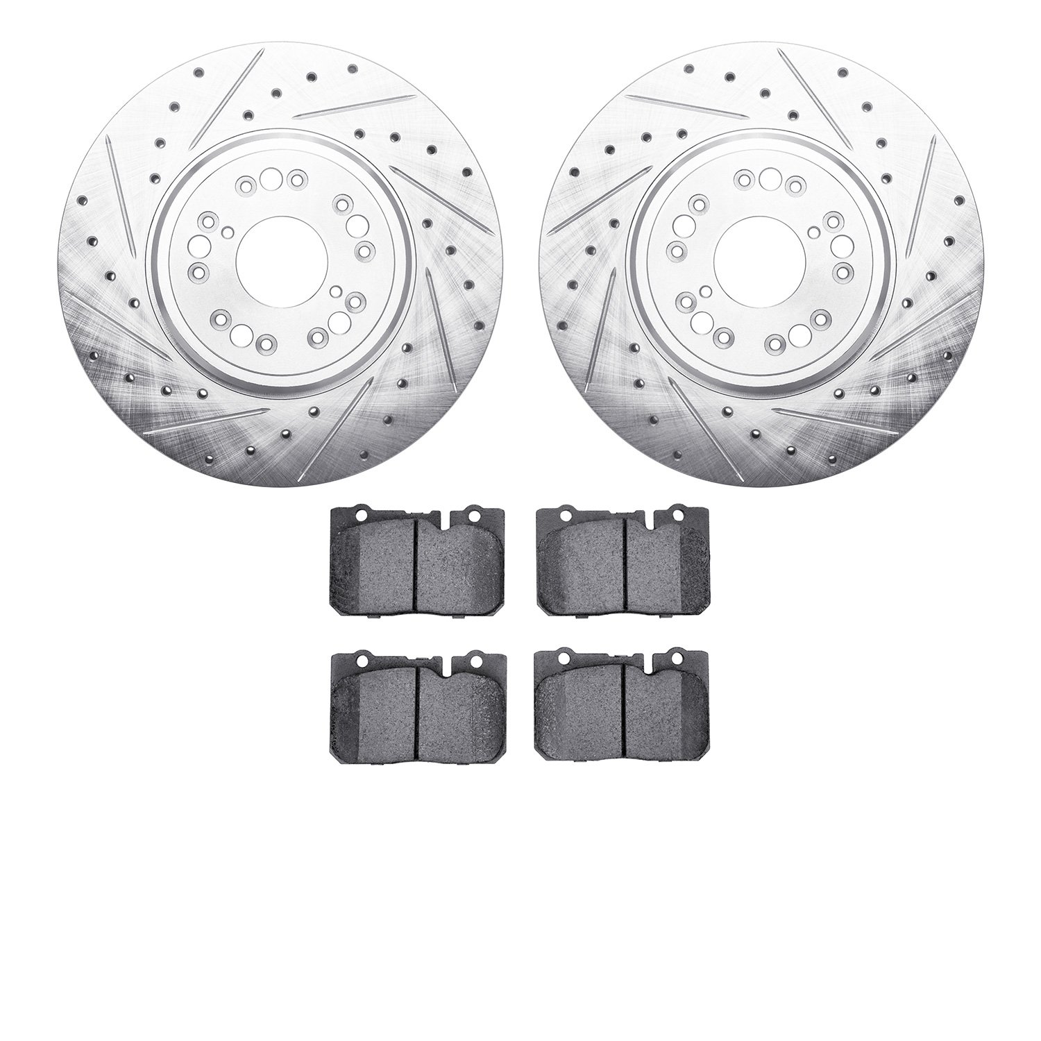7502-75011 Drilled/Slotted Brake Rotors w/5000 Advanced Brake Pads Kit [Silver], 1995-2000 Lexus/Toyota/Scion, Position: Front