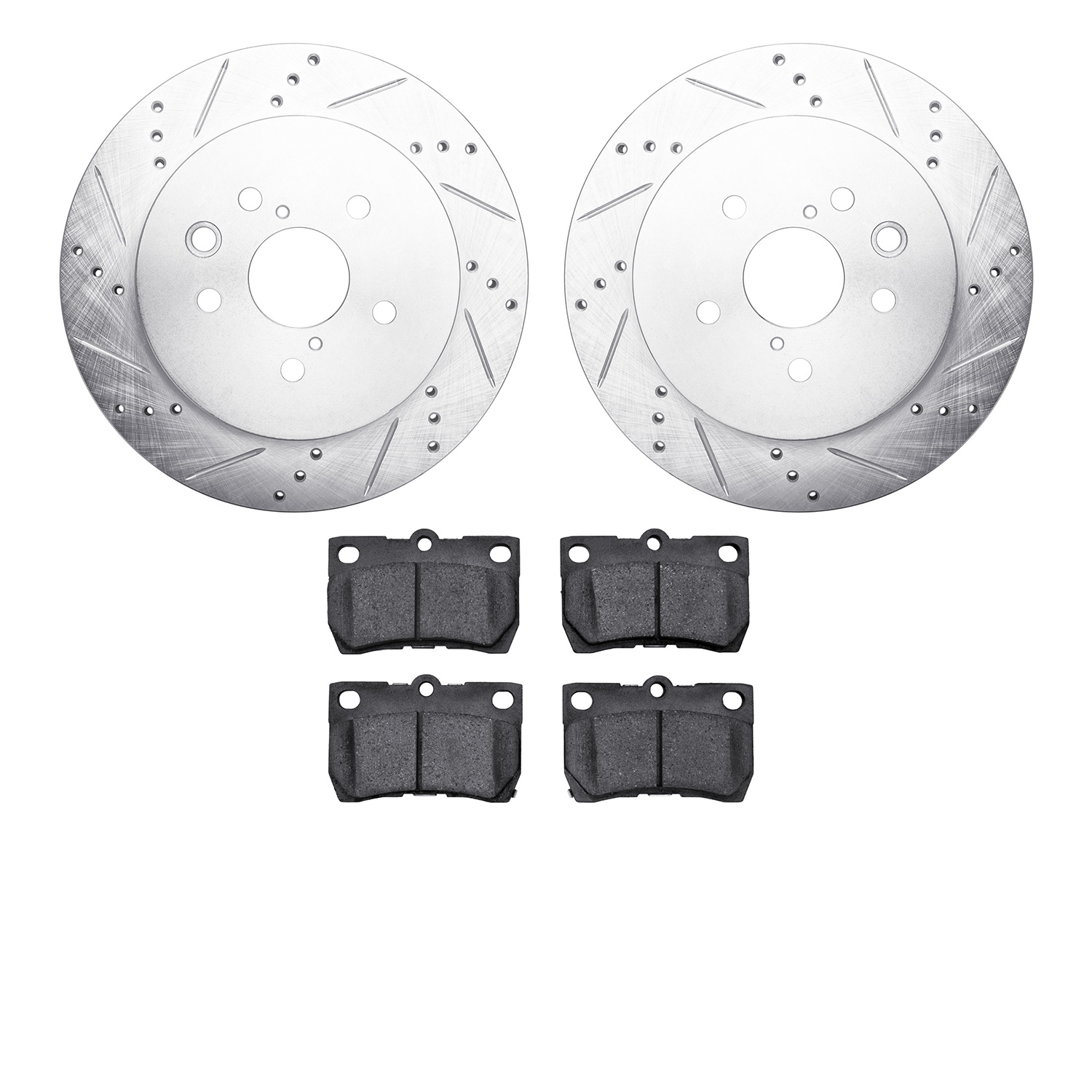7502-75017 Drilled/Slotted Brake Rotors w/5000 Advanced Brake Pads Kit [Silver], 2006-2013 Lexus/Toyota/Scion, Position: Rear