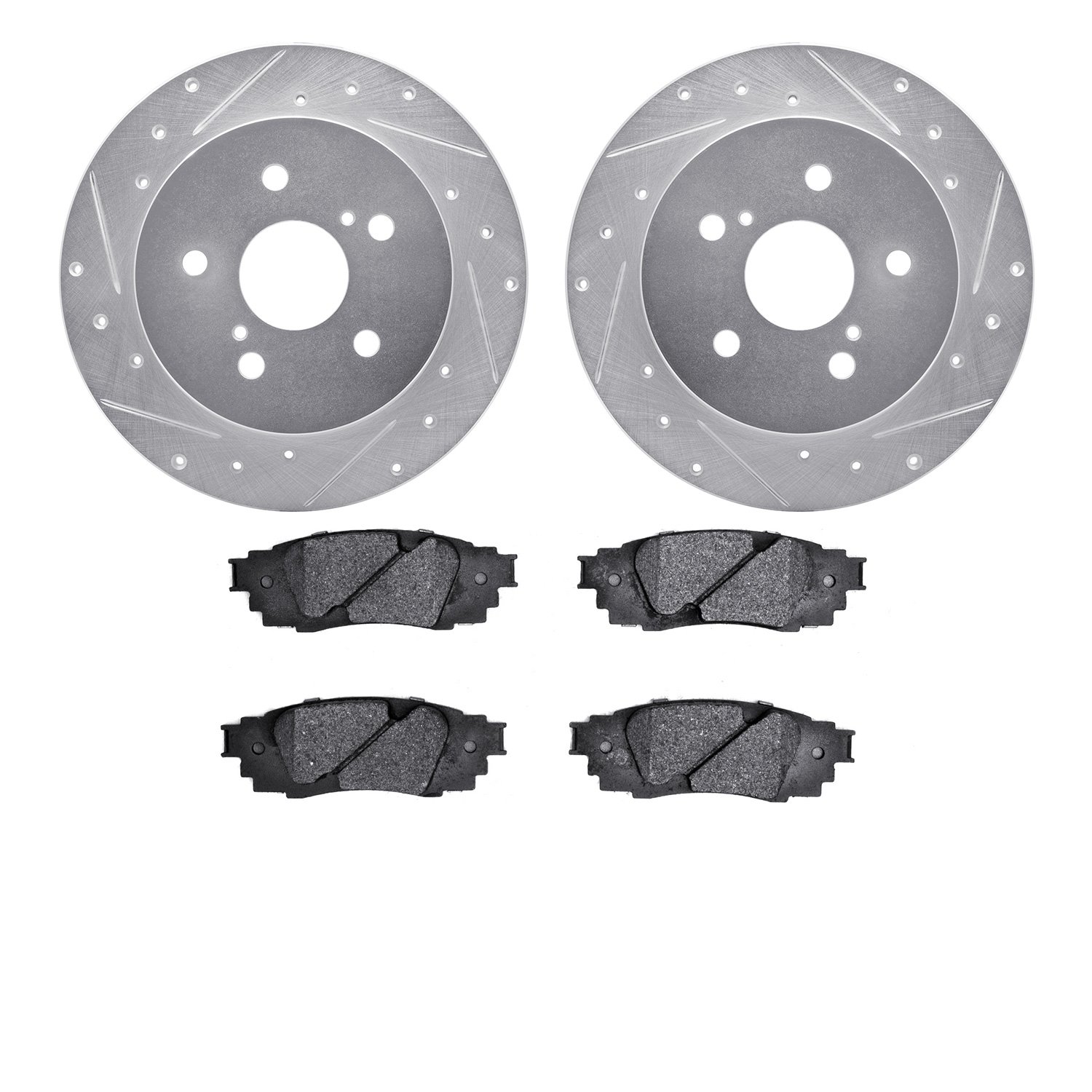 7502-75039 Drilled/Slotted Brake Rotors w/5000 Advanced Brake Pads Kit [Silver], Fits Select Lexus/Toyota/Scion, Position: Rear