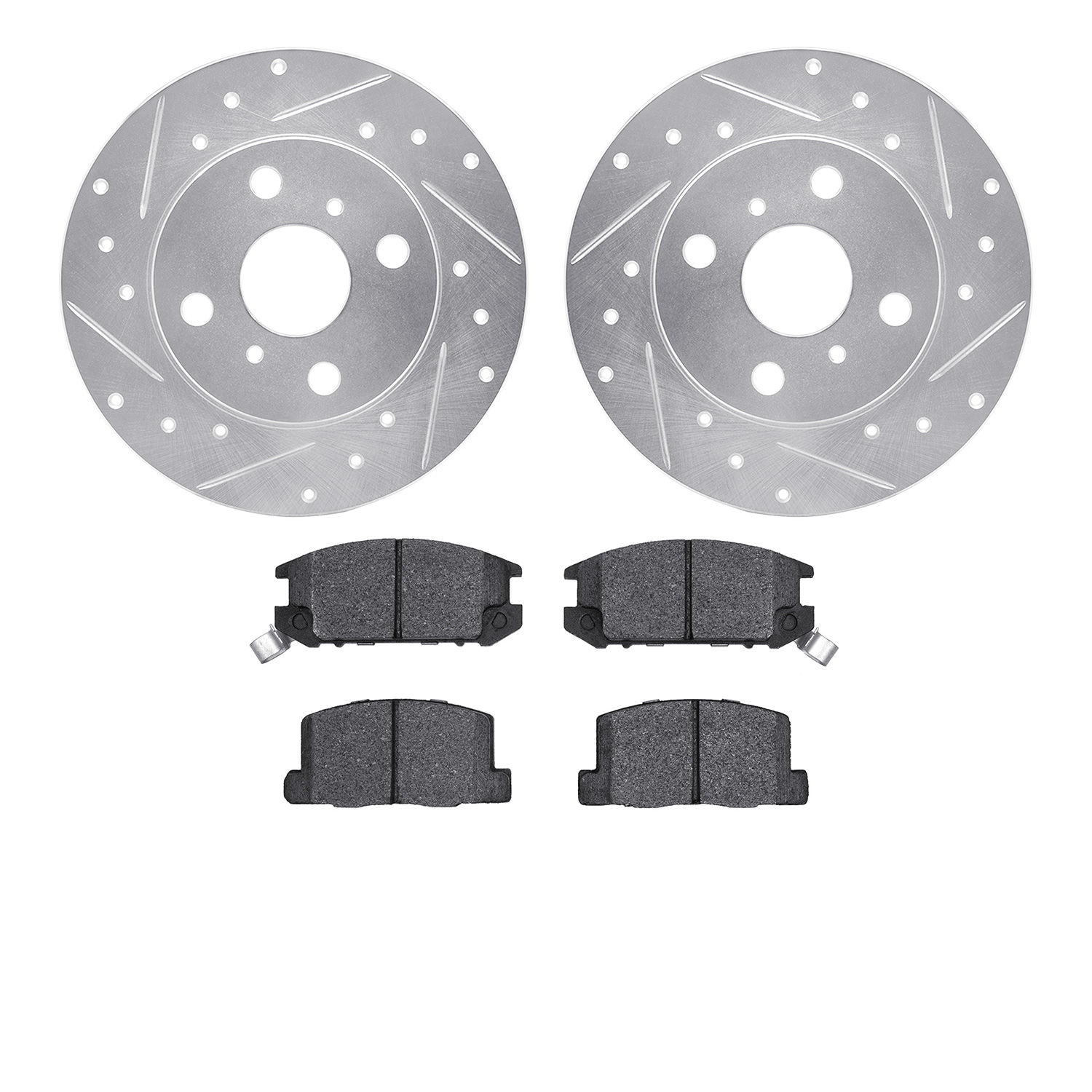 7502-76019 Drilled/Slotted Brake Rotors w/5000 Advanced Brake Pads Kit [Silver], 1985-1986 Lexus/Toyota/Scion, Position: Rear