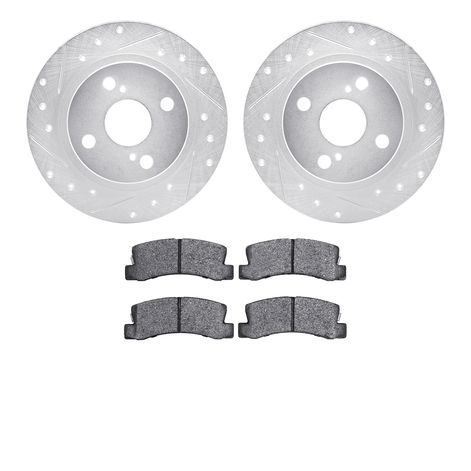 7502-76023 Drilled/Slotted Brake Rotors w/5000 Advanced Brake Pads Kit [Silver], 1987-1992 Multiple Makes/Models, Position: Rear
