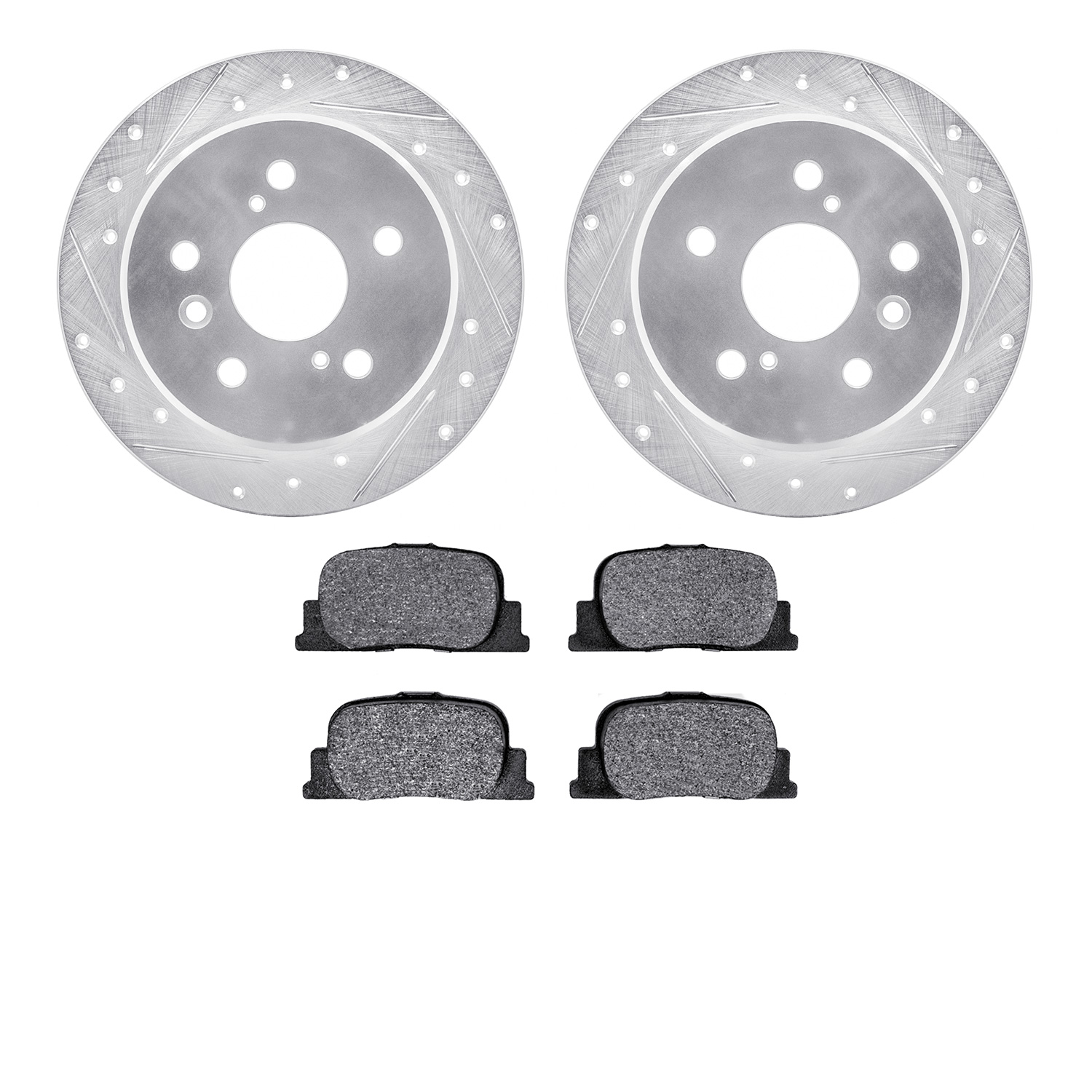 7502-76044 Drilled/Slotted Brake Rotors w/5000 Advanced Brake Pads Kit [Silver], 2000-2001 Lexus/Toyota/Scion, Position: Rear