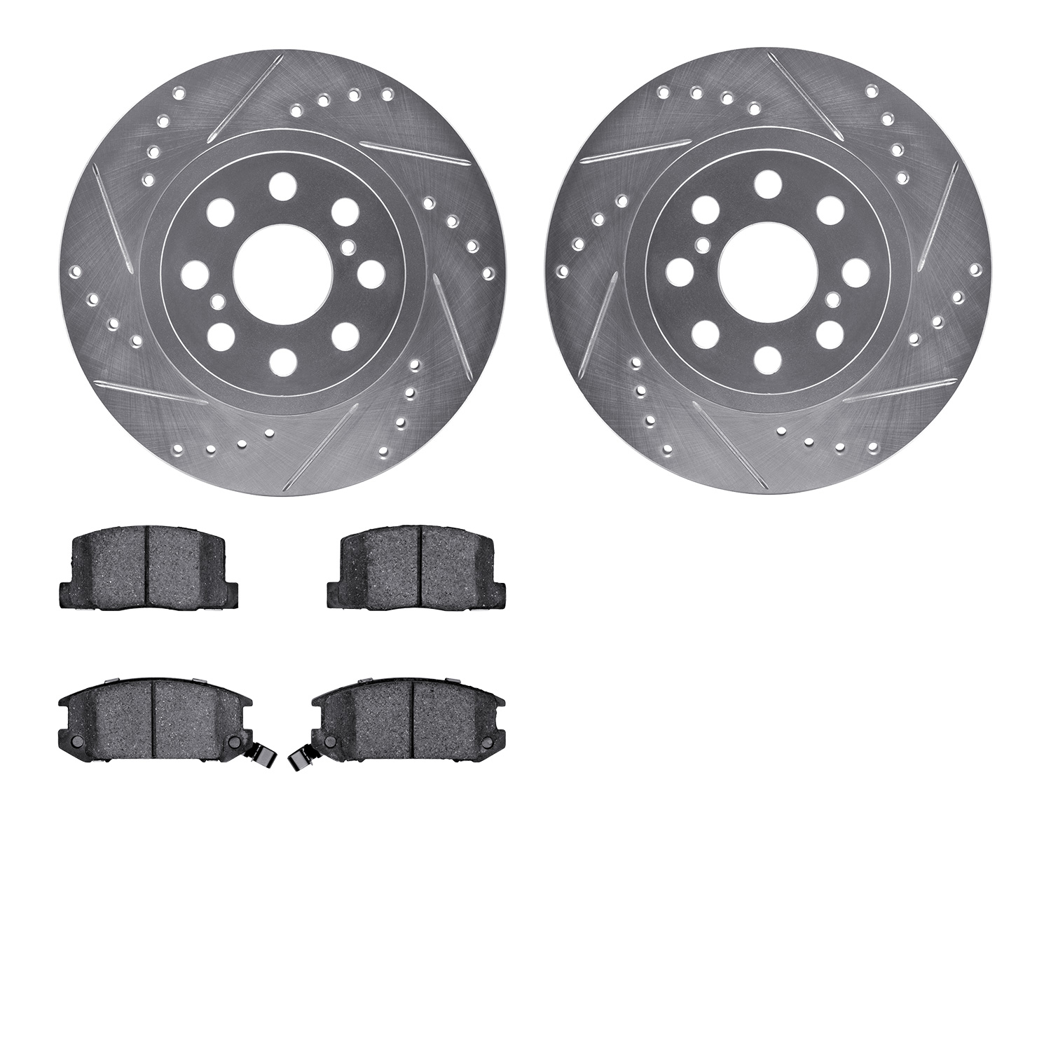 7502-76068 Drilled/Slotted Brake Rotors w/5000 Advanced Brake Pads Kit [Silver], 2000-2005 Lexus/Toyota/Scion, Position: Rear