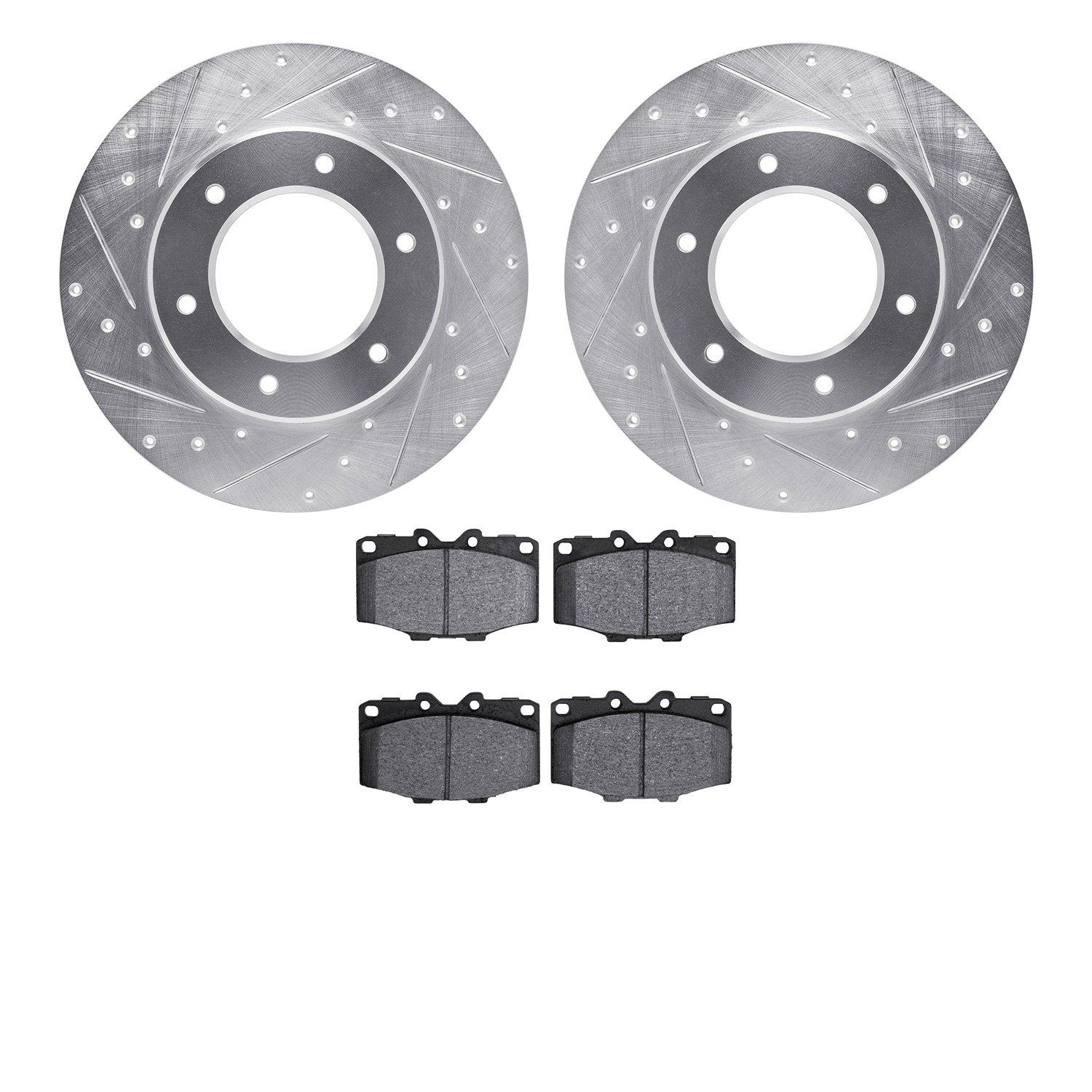 7502-76097 Drilled/Slotted Brake Rotors w/5000 Advanced Brake Pads Kit [Silver], 1979-1980 Lexus/Toyota/Scion, Position: Front