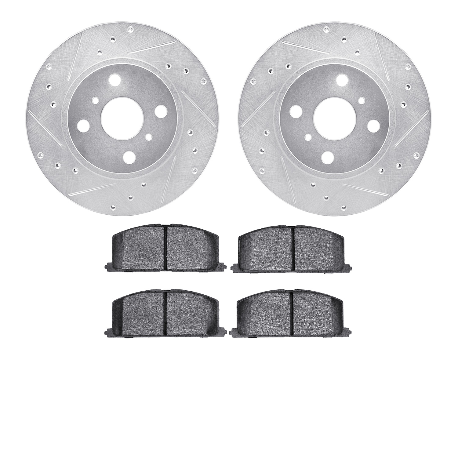 7502-76100 Drilled/Slotted Brake Rotors w/5000 Advanced Brake Pads Kit [Silver], 1987-1992 Multiple Makes/Models, Position: Fron