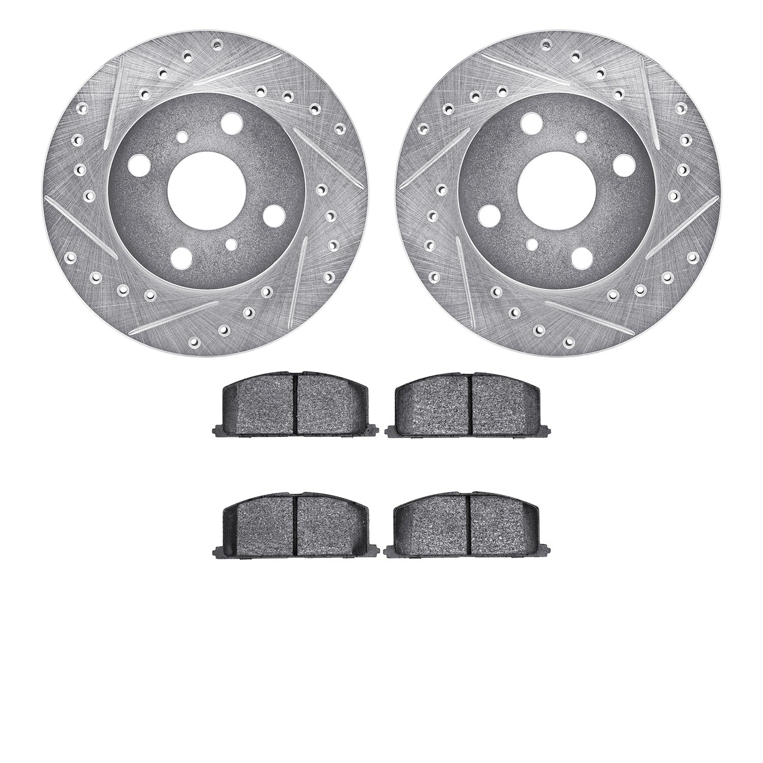 7502-76106 Drilled/Slotted Brake Rotors w/5000 Advanced Brake Pads Kit [Silver], 1988-1992 Multiple Makes/Models, Position: Fron