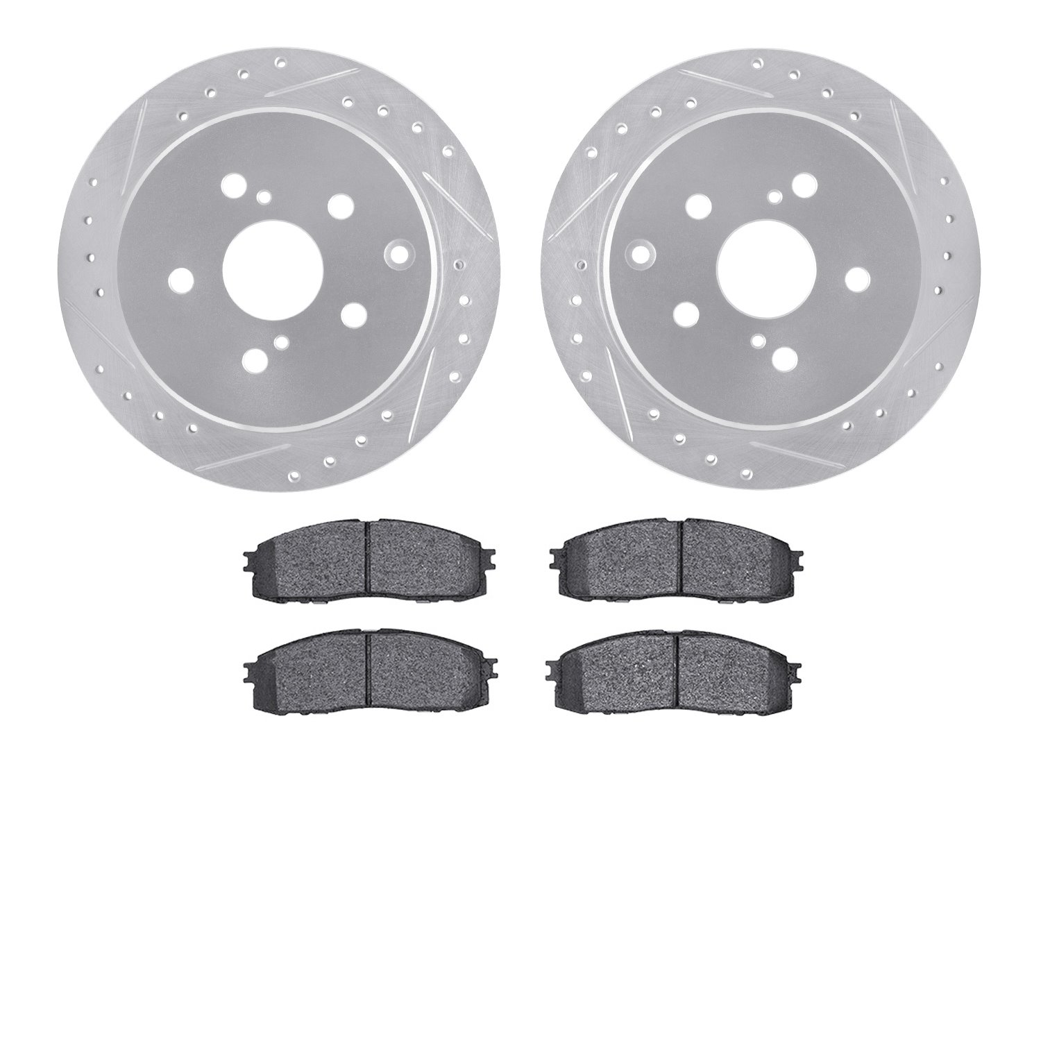 7502-76111 Drilled/Slotted Brake Rotors w/5000 Advanced Brake Pads Kit [Silver], 1986-1992 Lexus/Toyota/Scion, Position: Rear