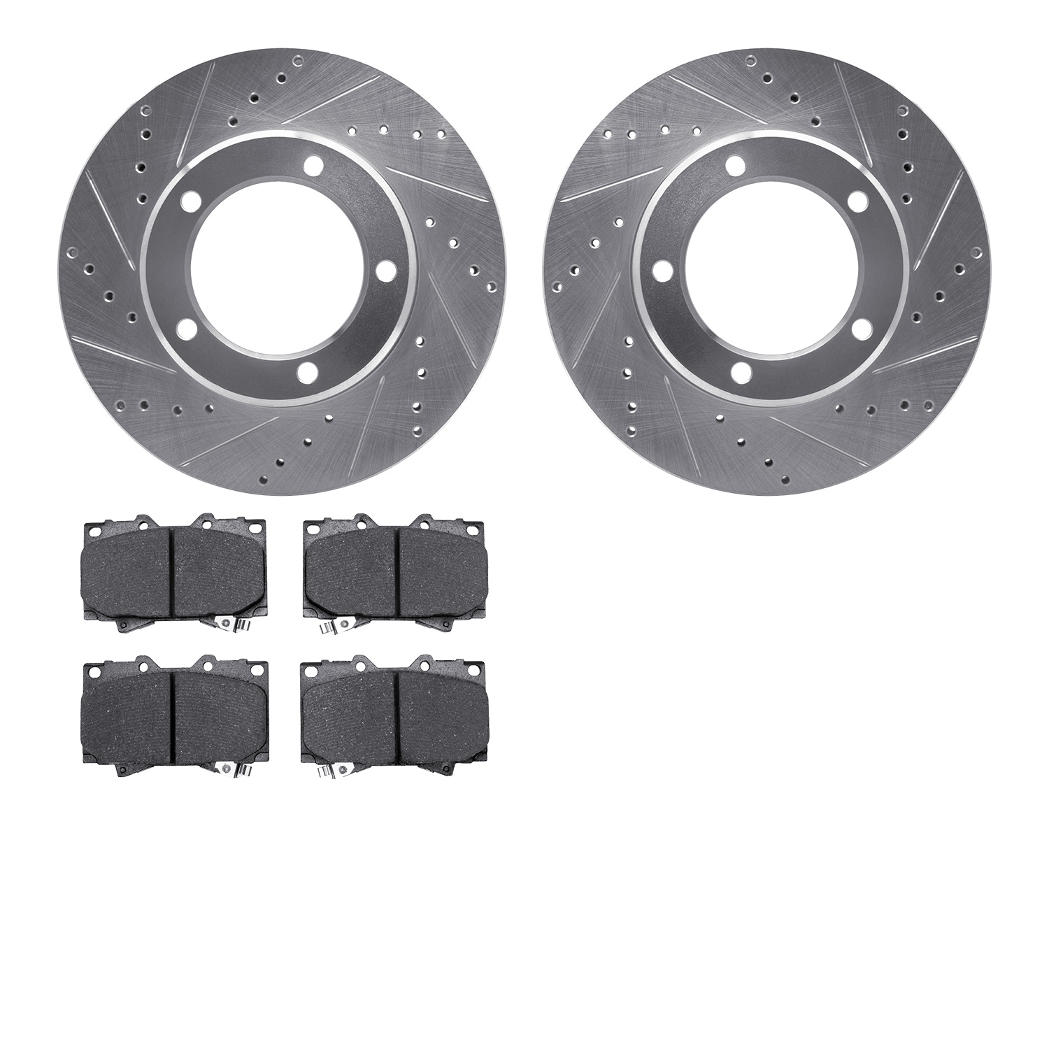 7502-76127 Drilled/Slotted Brake Rotors w/5000 Advanced Brake Pads Kit [Silver], 1998-2007 Lexus/Toyota/Scion, Position: Front