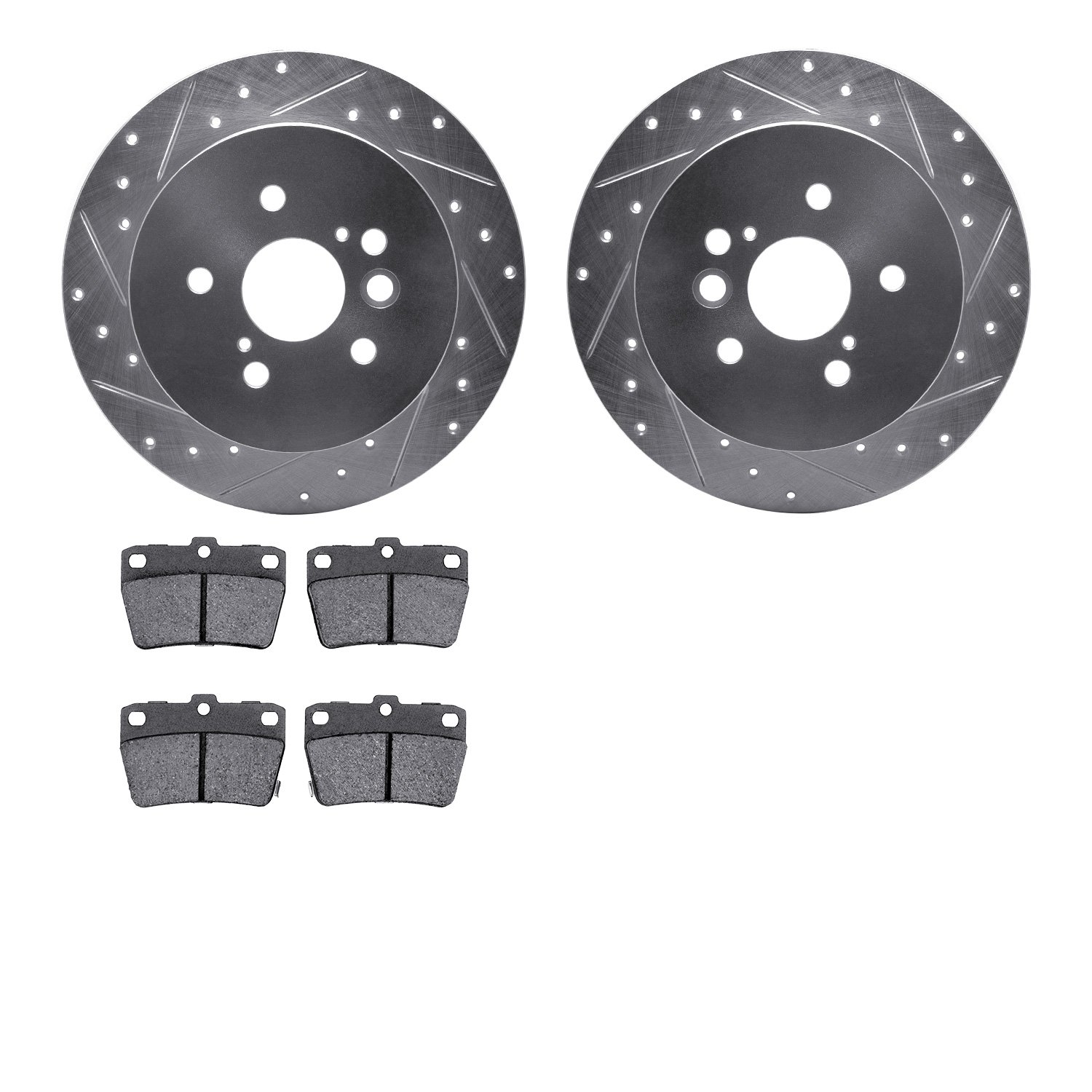 7502-76162 Drilled/Slotted Brake Rotors w/5000 Advanced Brake Pads Kit [Silver], 2004-2005 Lexus/Toyota/Scion, Position: Rear