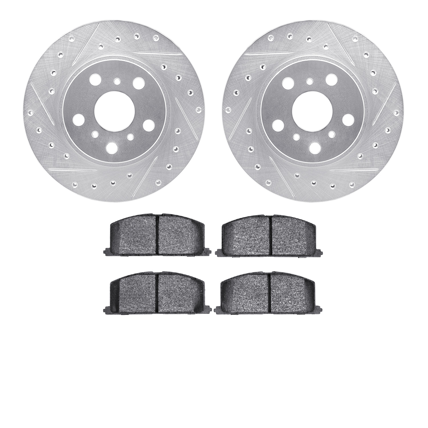 7502-76221 Drilled/Slotted Brake Rotors w/5000 Advanced Brake Pads Kit [Silver], 1986-1989 Lexus/Toyota/Scion, Position: Front