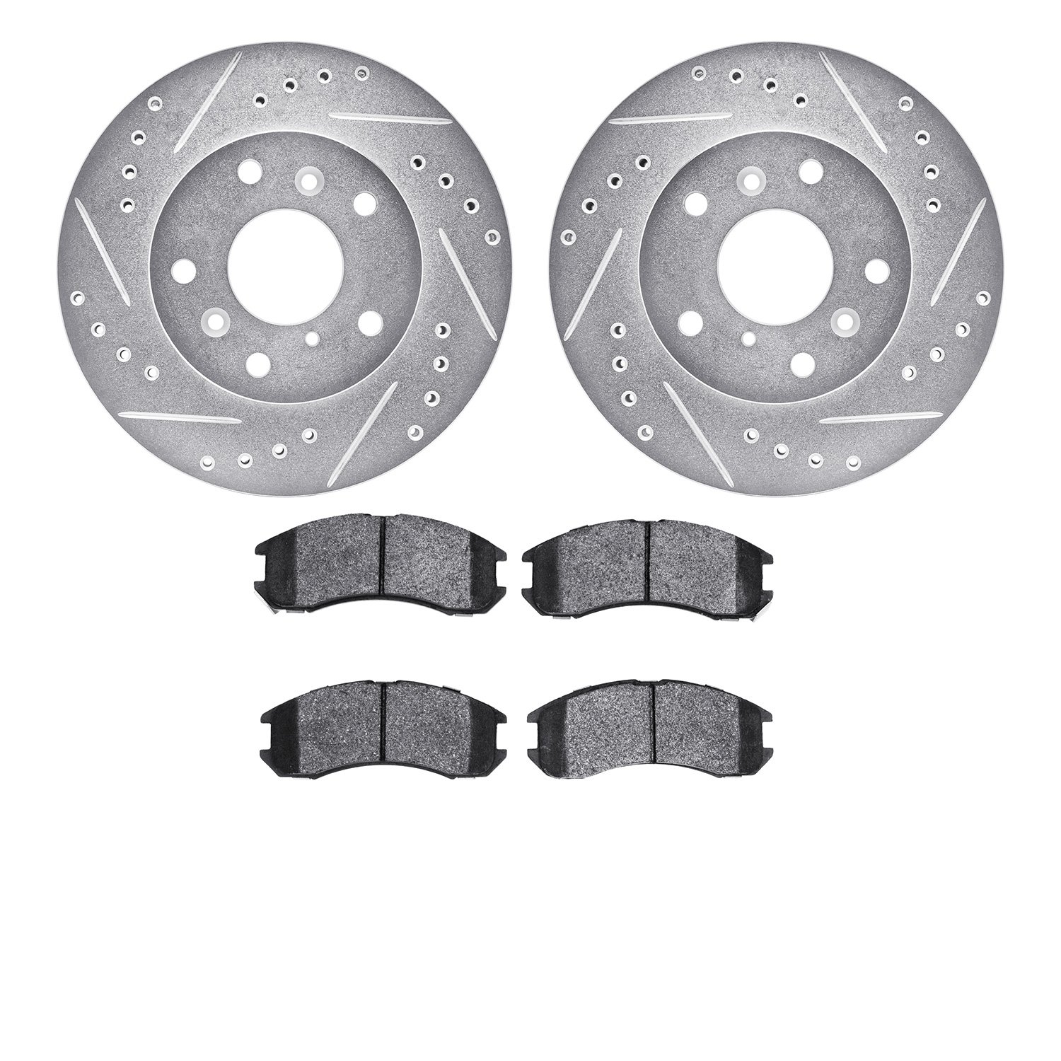 7502-80005 Drilled/Slotted Brake Rotors w/5000 Advanced Brake Pads Kit [Silver], 1988-1992 Ford/Lincoln/Mercury/Mazda, Position: