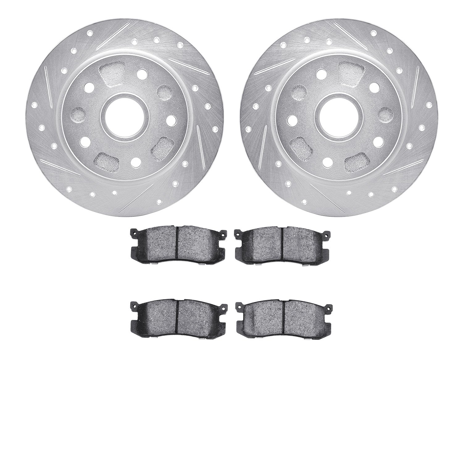 7502-80006 Drilled/Slotted Brake Rotors w/5000 Advanced Brake Pads Kit [Silver], 1988-1992 Ford/Lincoln/Mercury/Mazda, Position: