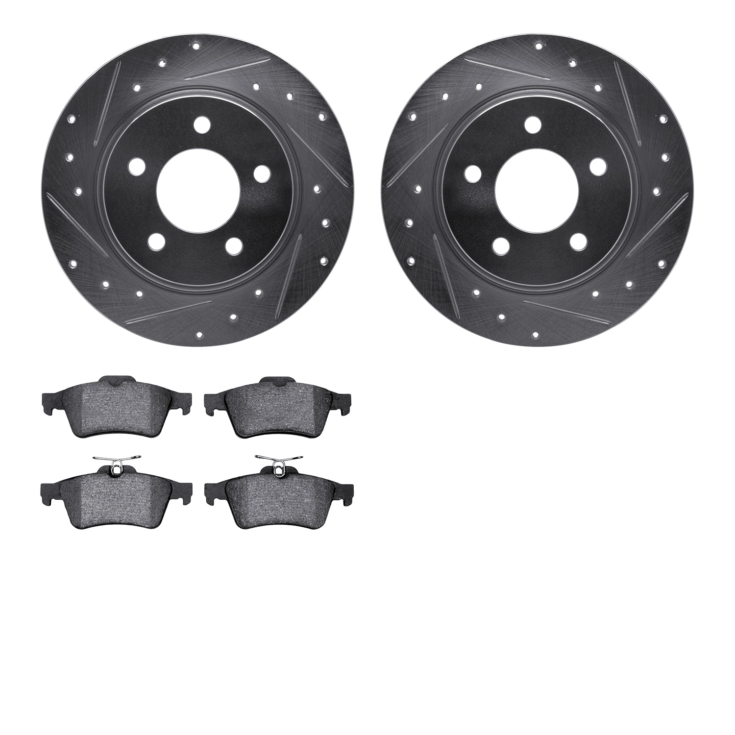 7502-80028 Drilled/Slotted Brake Rotors w/5000 Advanced Brake Pads Kit [Silver], 2007-2013 Ford/Lincoln/Mercury/Mazda, Position: