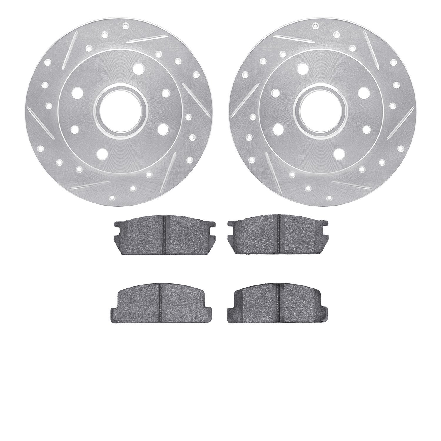 7502-80049 Drilled/Slotted Brake Rotors w/5000 Advanced Brake Pads Kit [Silver], 1981-1985 Ford/Lincoln/Mercury/Mazda, Position: