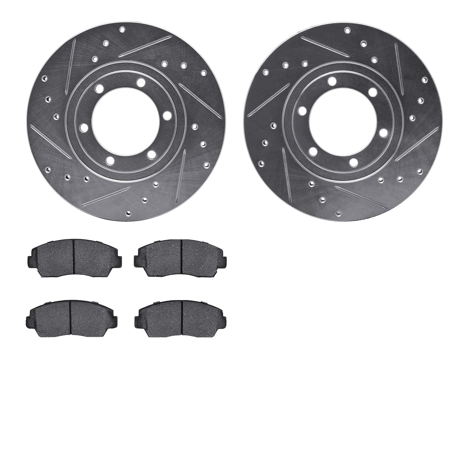 7502-80256 Drilled/Slotted Brake Rotors w/5000 Advanced Brake Pads Kit [Silver], 1986-1993 Ford/Lincoln/Mercury/Mazda, Position: