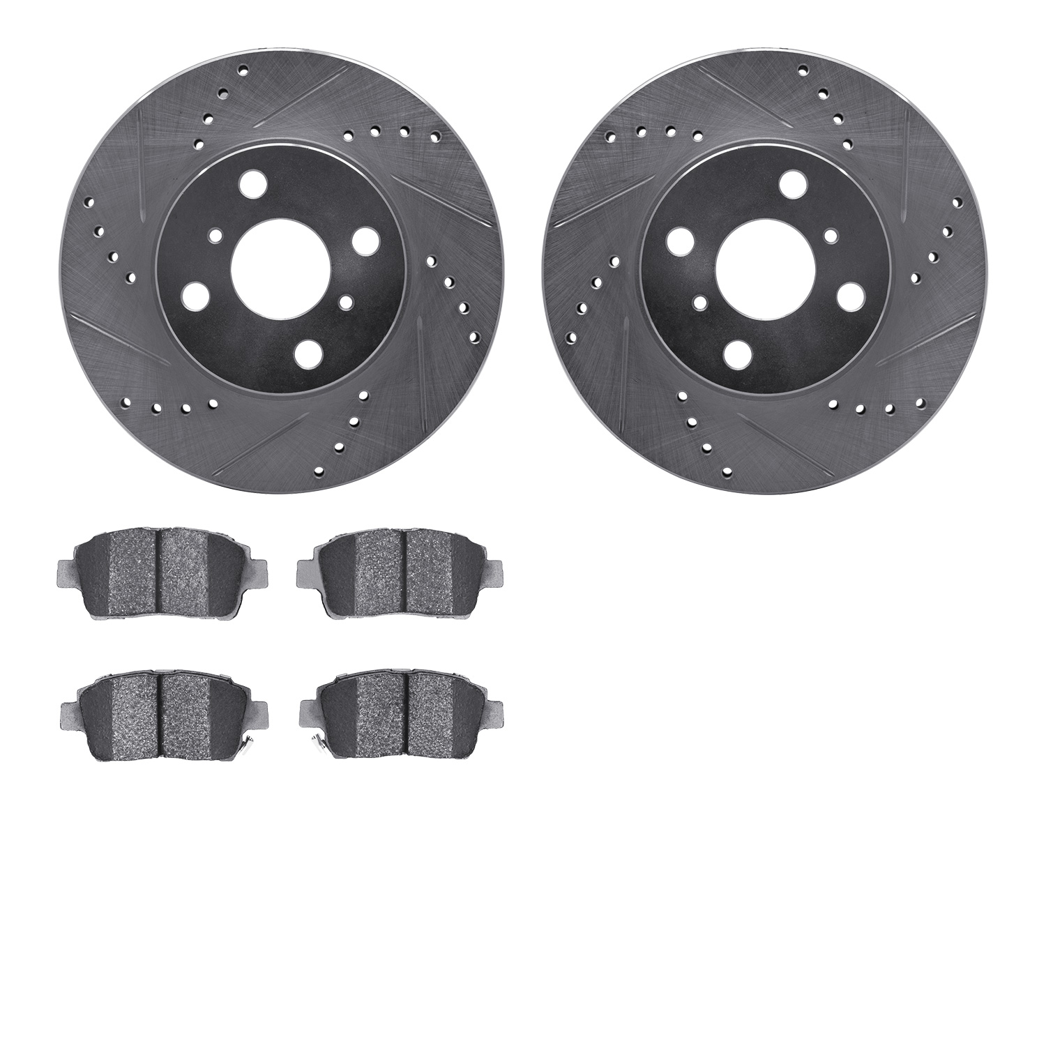 7502-91004 Drilled/Slotted Brake Rotors w/5000 Advanced Brake Pads Kit [Silver], 2004-2006 Lexus/Toyota/Scion, Position: Front