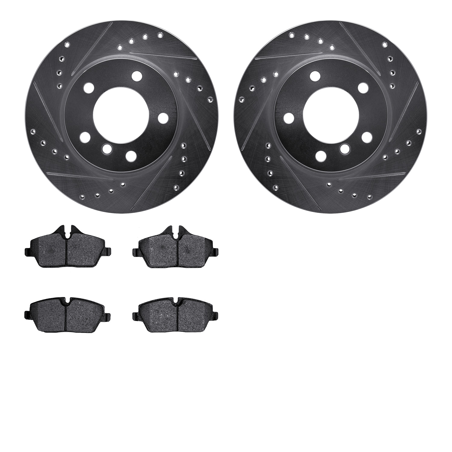 7502-92014 Drilled/Slotted Brake Rotors w/5000 Advanced Brake Pads Kit [Silver], 2006-2007 BMW, Position: Front