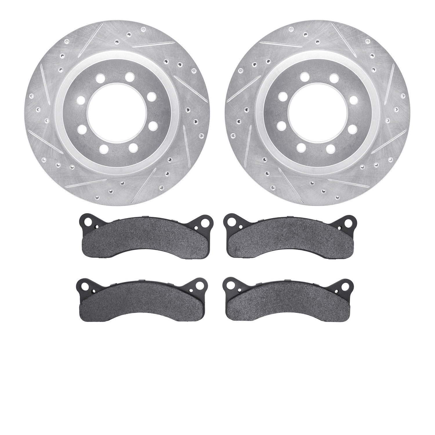 7502-99007 Drilled/Slotted Brake Rotors w/5000 Advanced Brake Pads Kit [Silver], 1968-1976 Ford/Lincoln/Mercury/Mazda, Position:
