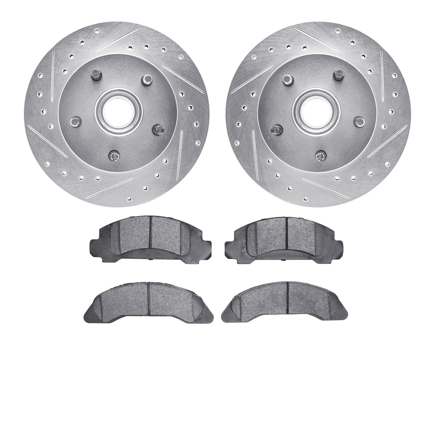 7502-99013 Drilled/Slotted Brake Rotors w/5000 Advanced Brake Pads Kit [Silver], 1986-1987 Ford/Lincoln/Mercury/Mazda, Position: