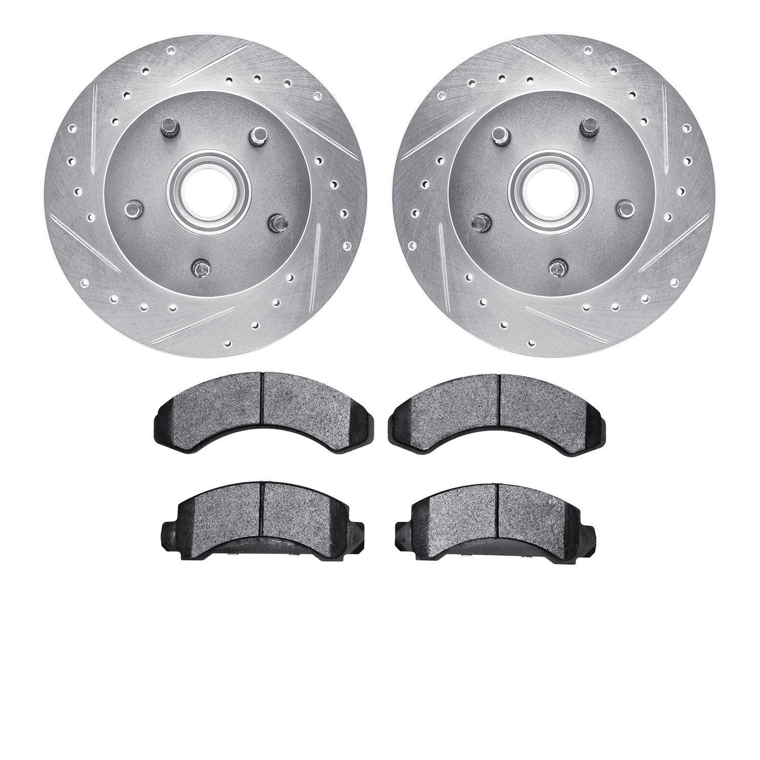 7502-99019 Drilled/Slotted Brake Rotors w/5000 Advanced Brake Pads Kit [Silver], 1983-1994 Ford/Lincoln/Mercury/Mazda, Position: