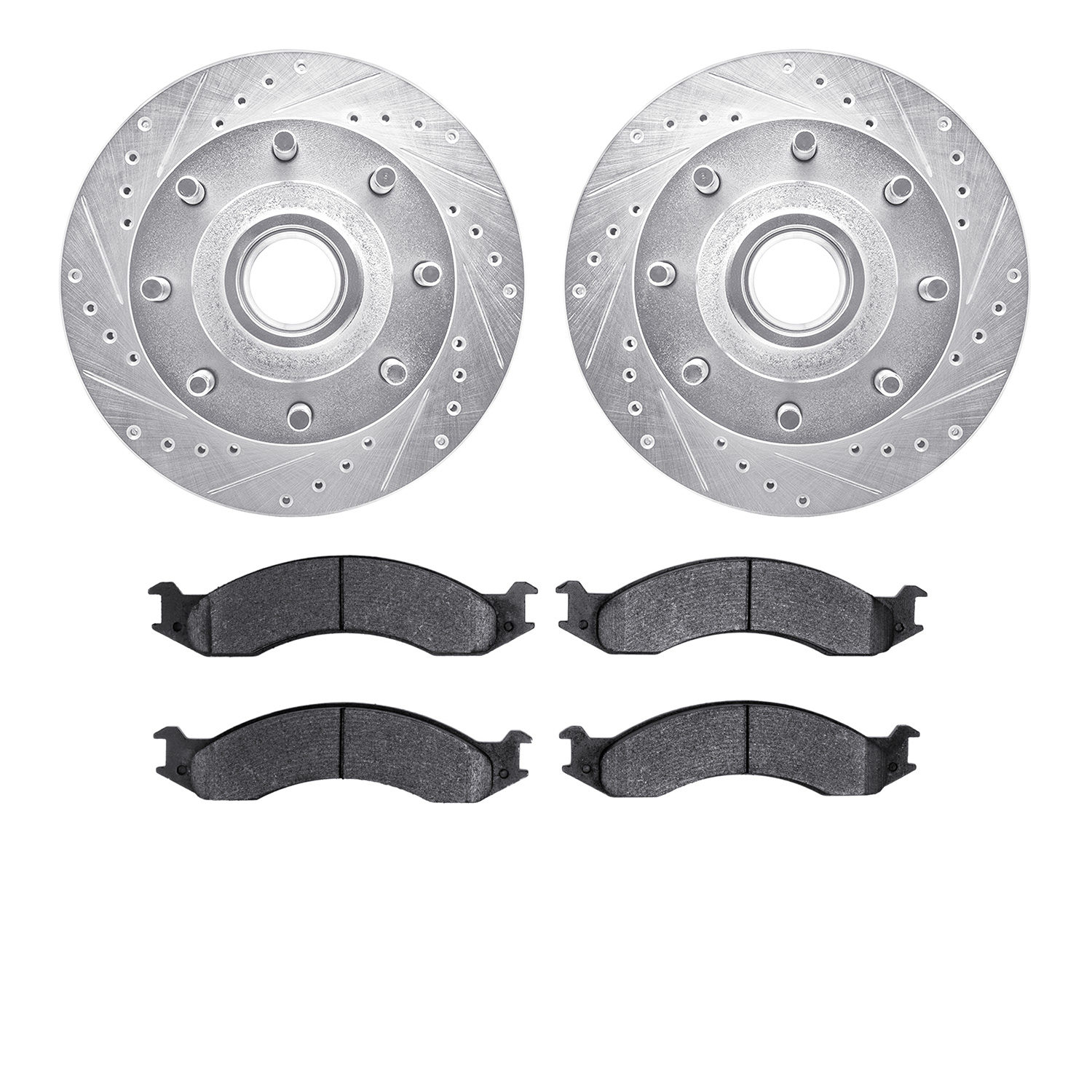 7502-99303 Drilled/Slotted Brake Rotors w/5000 Advanced Brake Pads Kit [Silver], 1992-1994 Ford/Lincoln/Mercury/Mazda, Position: