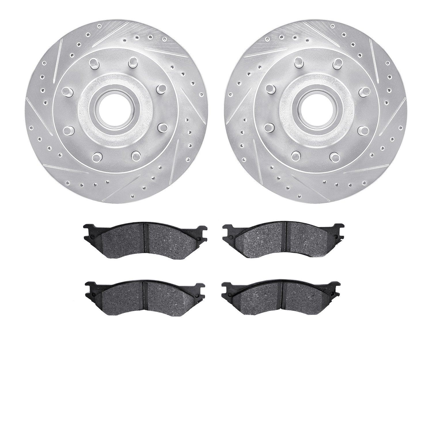7502-99327 Drilled/Slotted Brake Rotors w/5000 Advanced Brake Pads Kit [Silver], 2000-2004 Ford/Lincoln/Mercury/Mazda, Position: