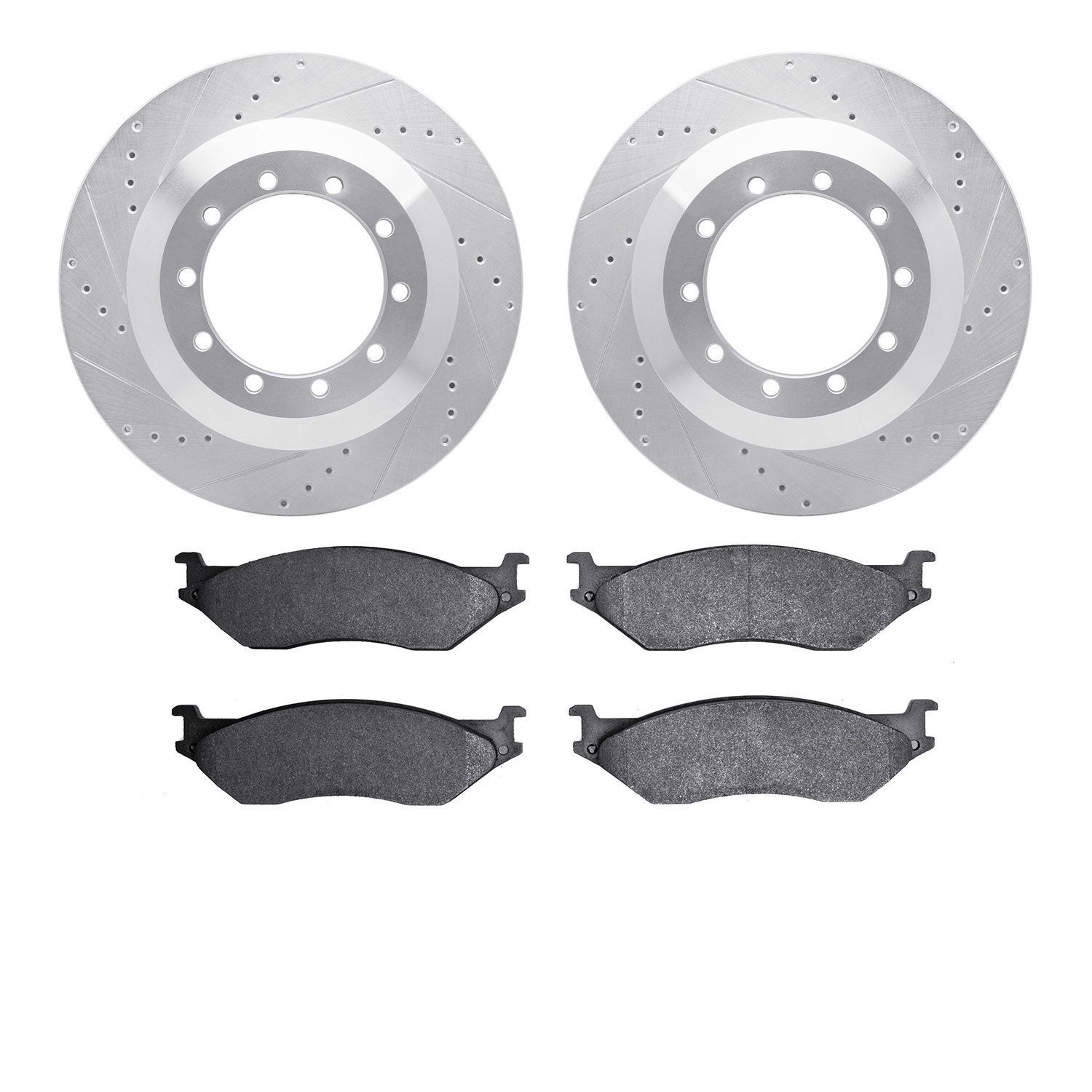 7502-99414 Drilled/Slotted Brake Rotors w/5000 Advanced Brake Pads Kit [Silver], 1999-2004 Ford/Lincoln/Mercury/Mazda, Position: