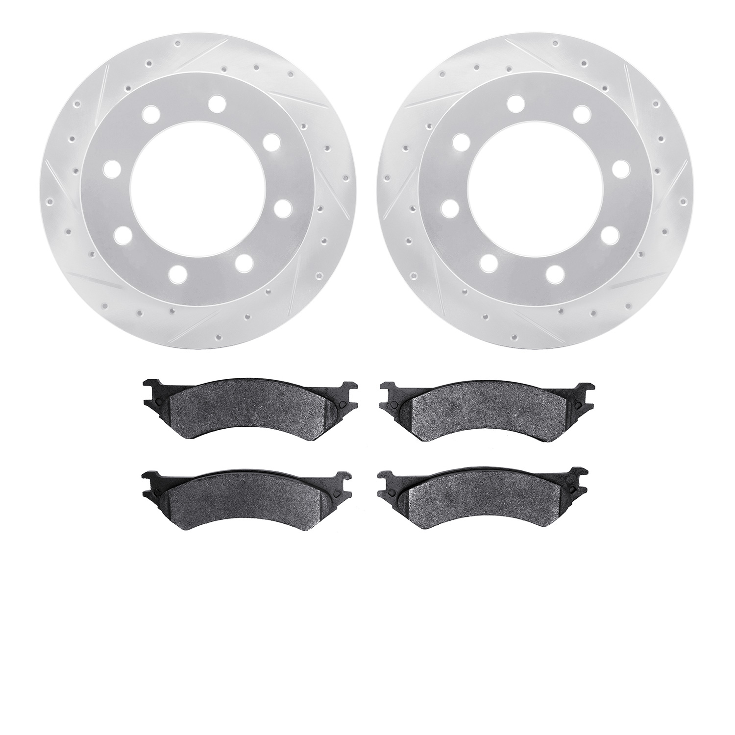 7502-99447 Drilled/Slotted Brake Rotors w/5000 Advanced Brake Pads Kit [Silver], 1999-2007 Ford/Lincoln/Mercury/Mazda, Position: