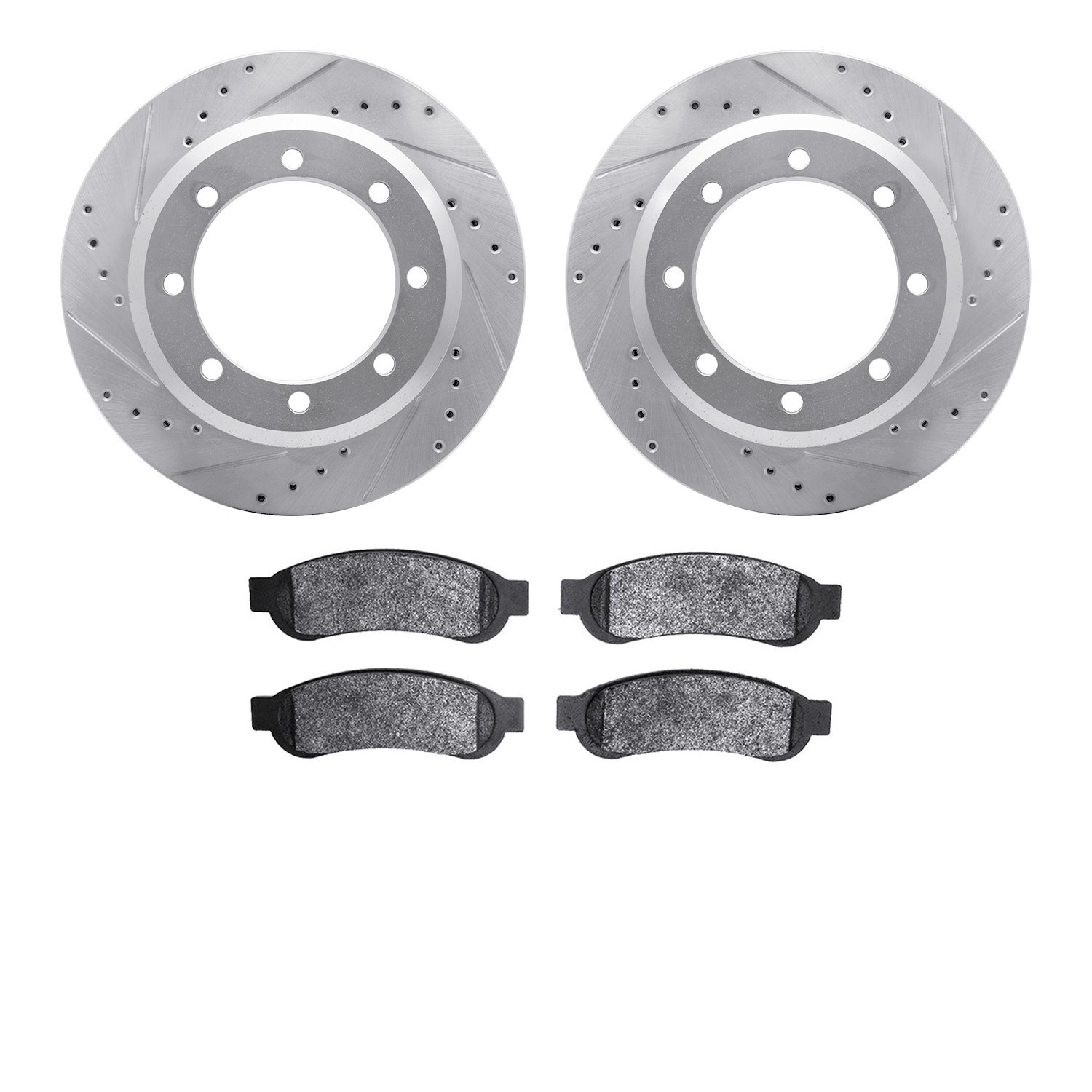 7502-99592 Drilled/Slotted Brake Rotors w/5000 Advanced Brake Pads Kit [Silver], 2010-2012 Ford/Lincoln/Mercury/Mazda, Position: