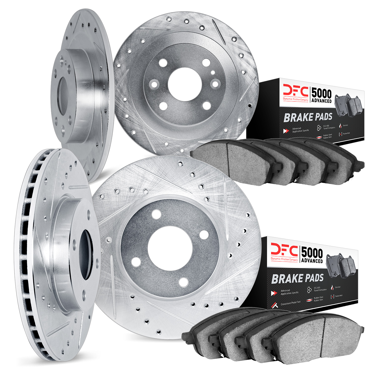 7504-01000 Drilled/Slotted Brake Rotors w/5000 Advanced Brake Pads Kit [Silver], 1989-1994 Suzuki, Position: Front and Rear