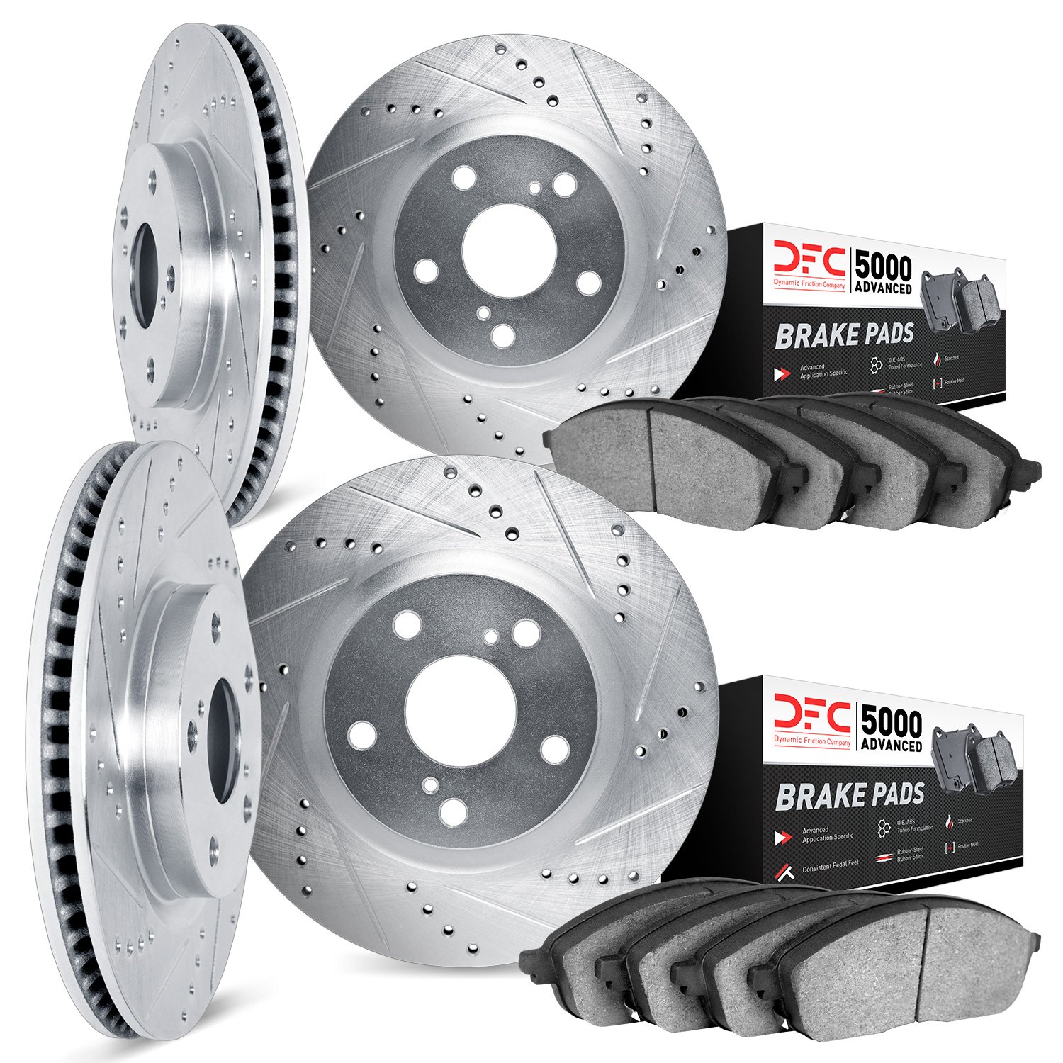 7504-02029 Drilled/Slotted Brake Rotors w/5000 Advanced Brake Pads Kit [Silver], 2014-2019 Porsche, Position: Front and Rear