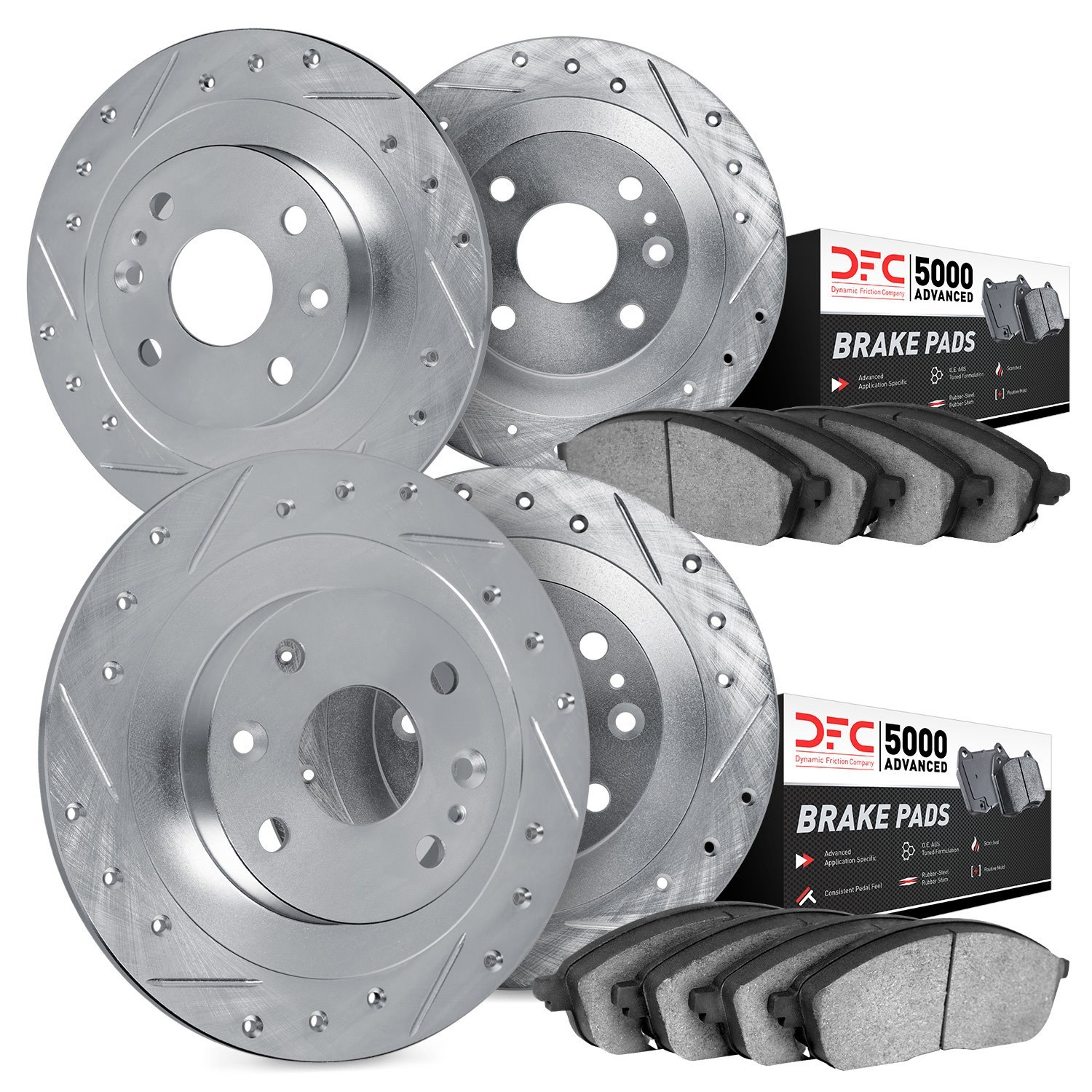 7504-07010 Drilled/Slotted Brake Rotors w/5000 Advanced Brake Pads Kit [Silver], 1968-1988 Multiple Makes/Models, Position: Fron