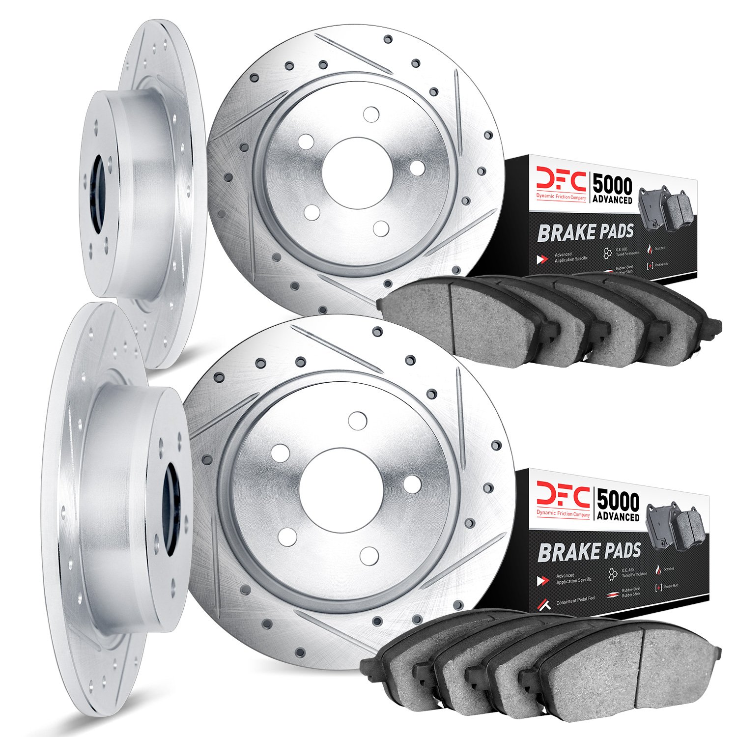 7504-11001 Drilled/Slotted Brake Rotors w/5000 Advanced Brake Pads Kit [Silver], 1994-1999 Land Rover, Position: Front and Rear