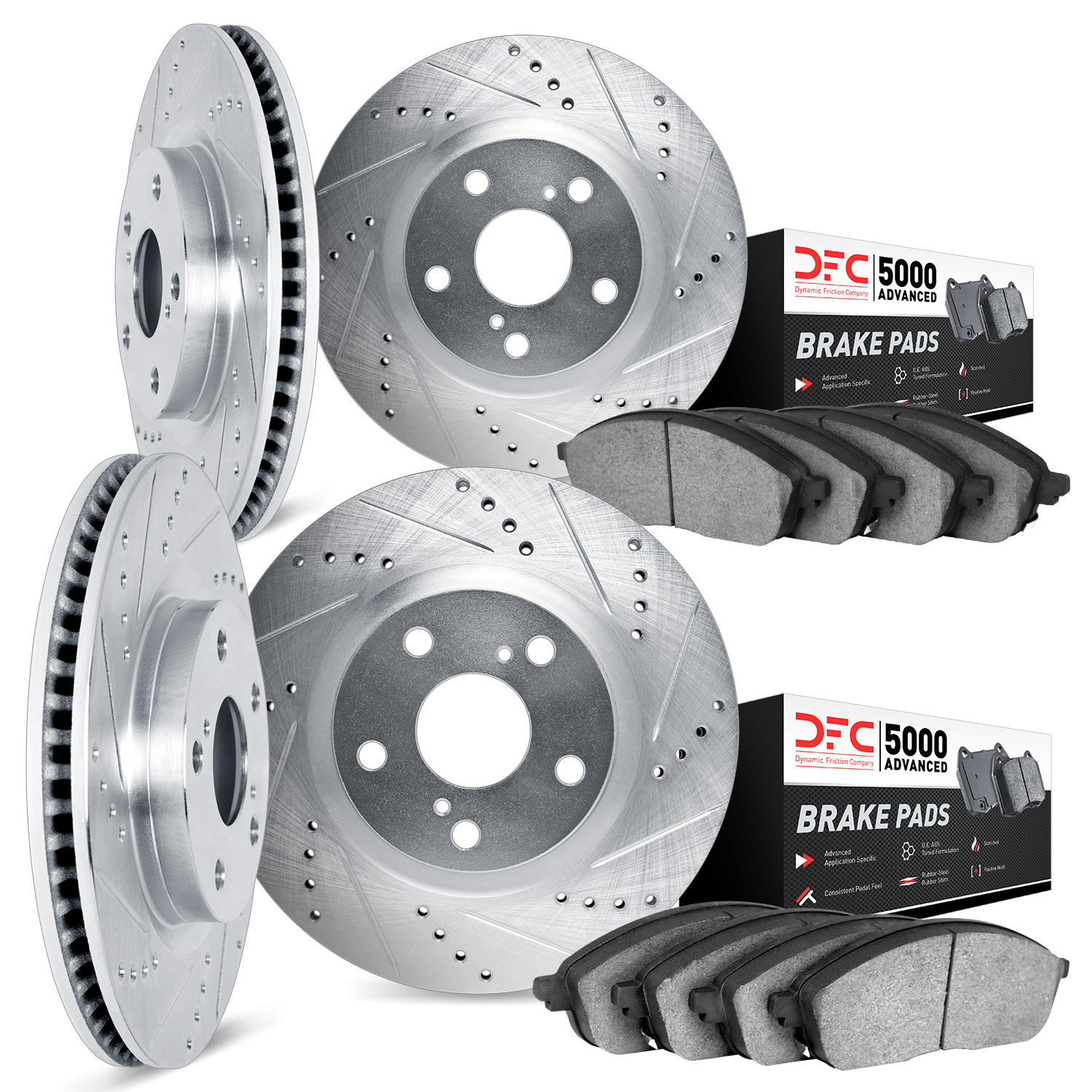 7504-11008 Drilled/Slotted Brake Rotors w/5000 Advanced Brake Pads Kit [Silver], 2005-2009 Land Rover, Position: Front and Rear