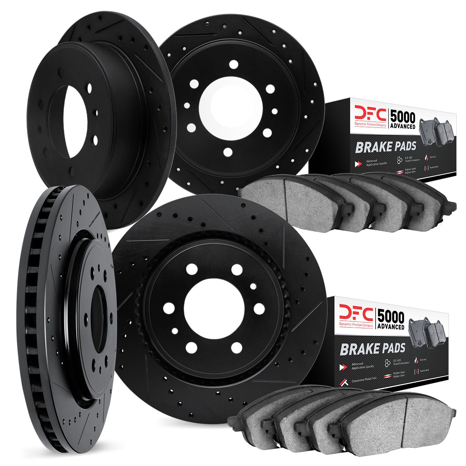 7504-23000 Drilled/Slotted Brake Rotors w/5000 Advanced Brake Pads Kit [Silver], 1972-1979 Renault, Position: Front and Rear