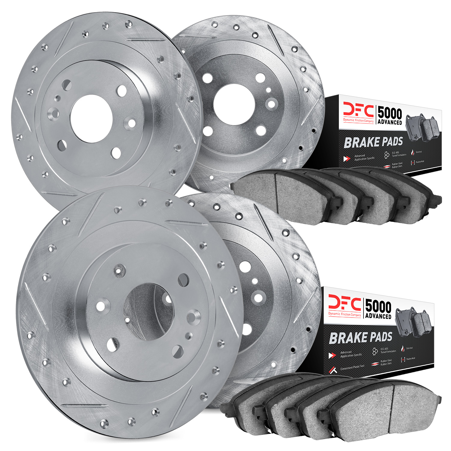 7504-28000 Drilled/Slotted Brake Rotors w/5000 Advanced Brake Pads Kit [Silver], 1971-1981 Peugeot, Position: Front and Rear
