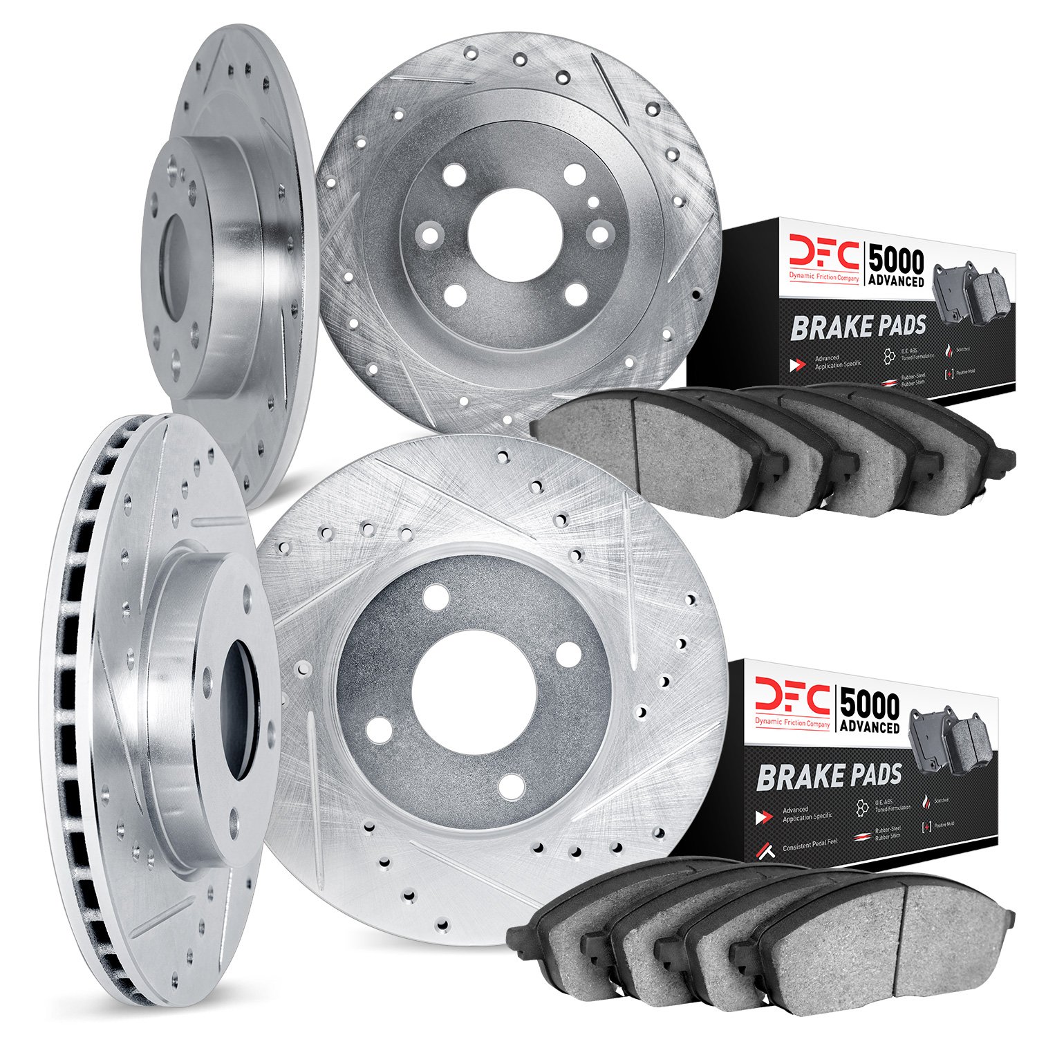 7504-28004 Drilled/Slotted Brake Rotors w/5000 Advanced Brake Pads Kit [Silver], 1977-1986 Peugeot, Position: Front and Rear
