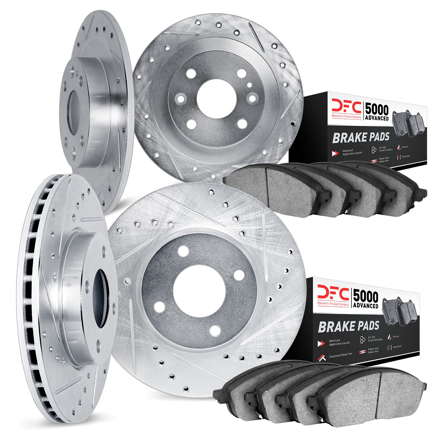 7504-37005 Drilled/Slotted Brake Rotors w/5000 Advanced Brake Pads Kit [Silver], 1989-1993 GM, Position: Front and Rear