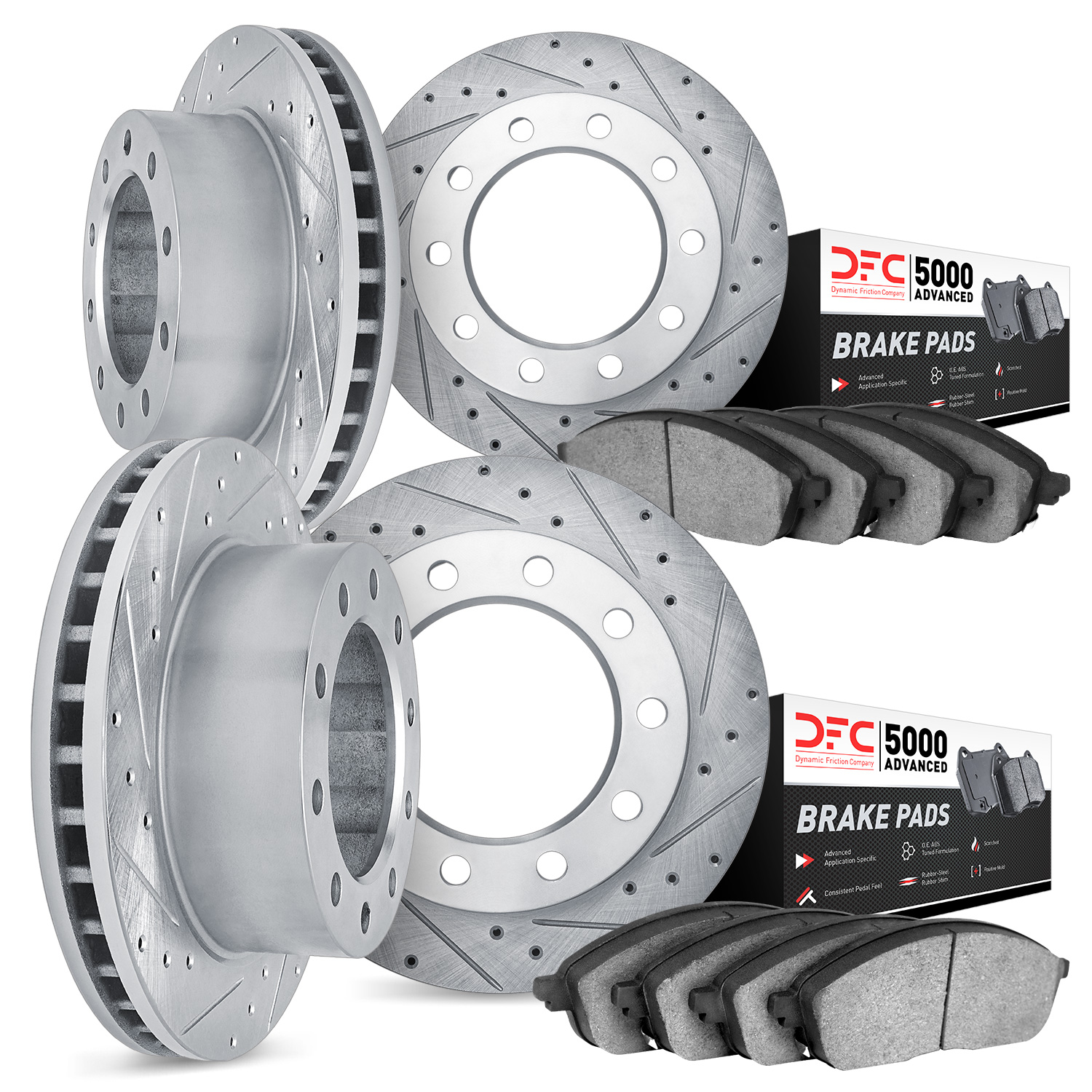 7504-48003 Drilled/Slotted Brake Rotors w/5000 Advanced Brake Pads Kit [Silver], 1998-1999 GM, Position: Front and Rear