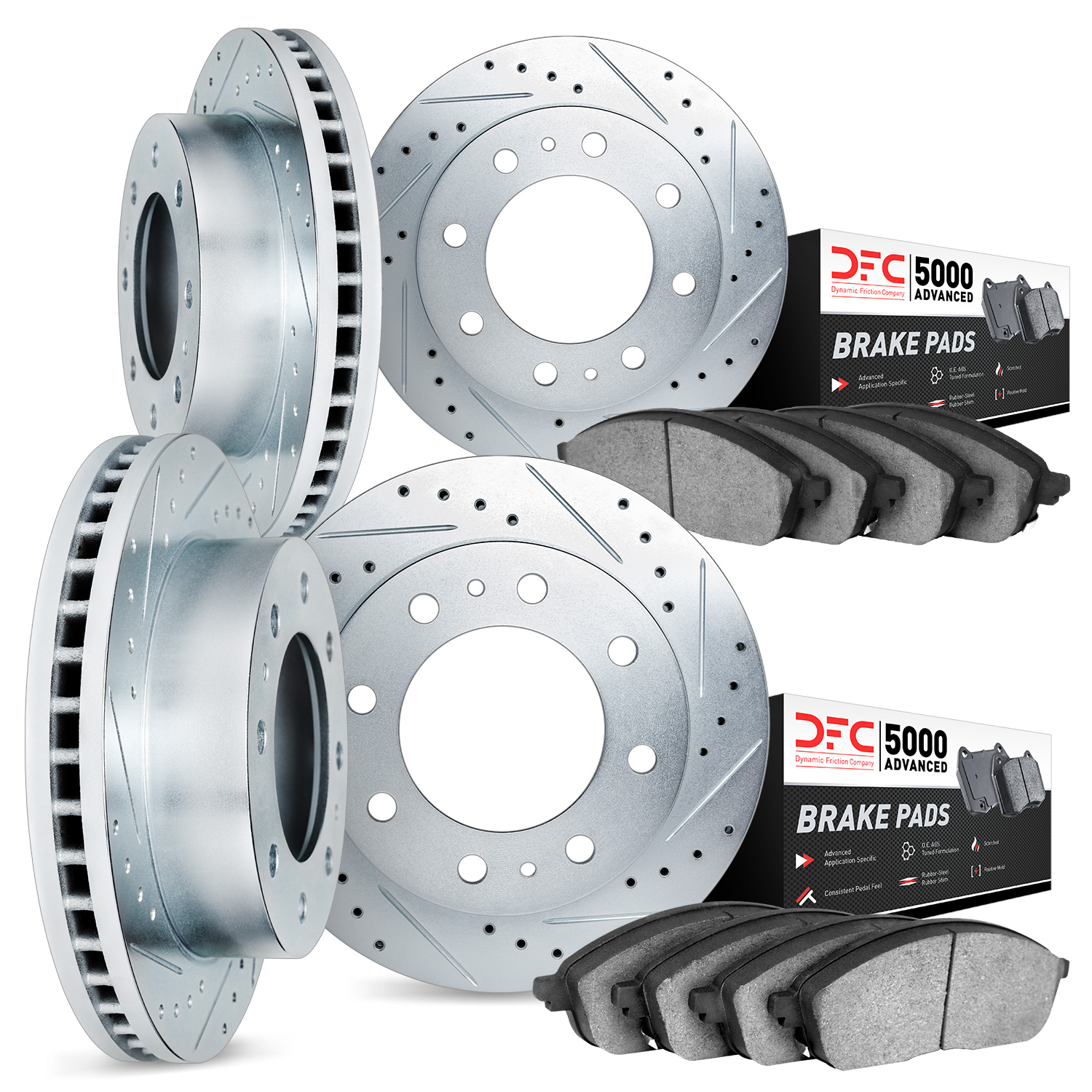 7504-48010 Drilled/Slotted Brake Rotors w/5000 Advanced Brake Pads Kit [Silver], 2003-2017 GM, Position: Front and Rear