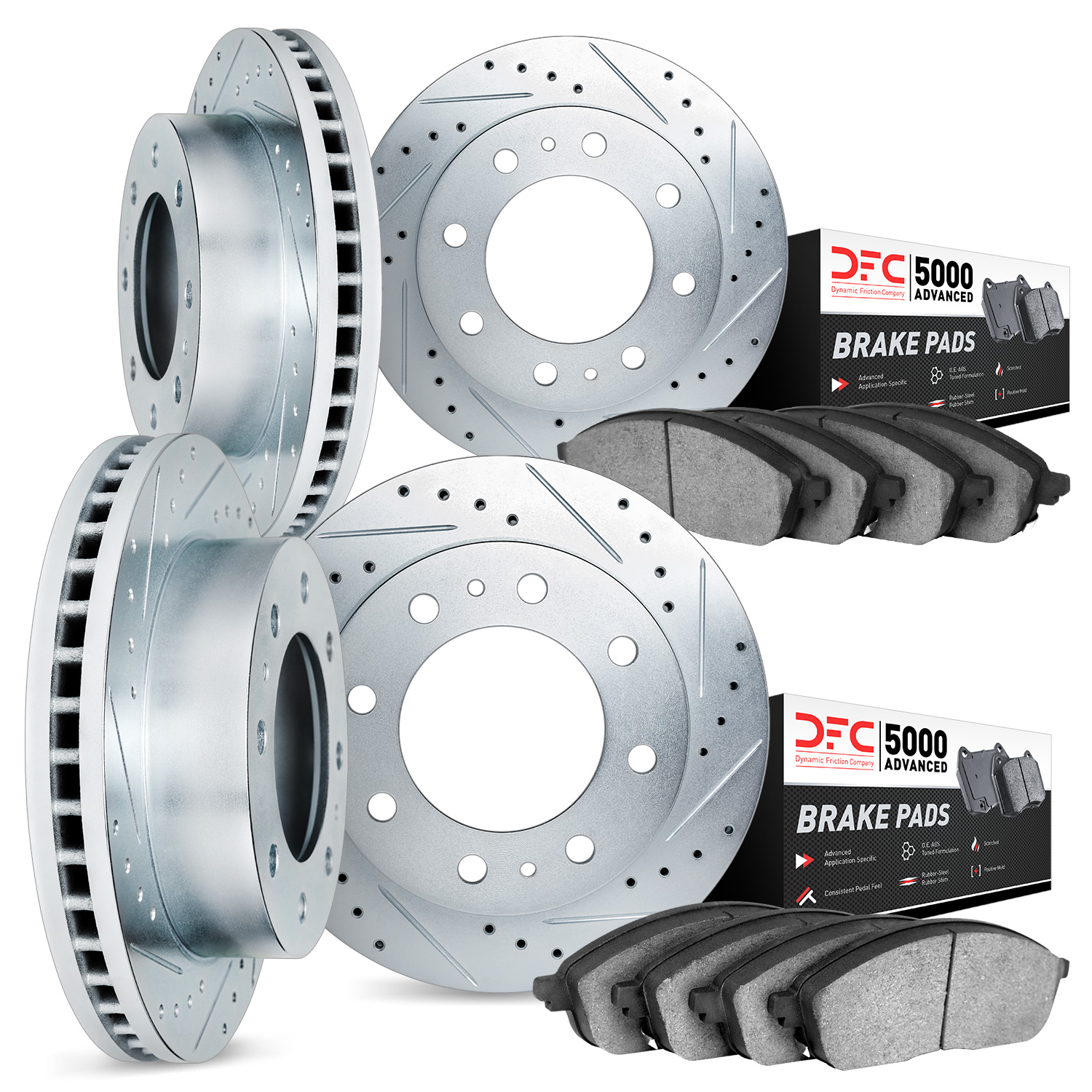 7504-48014 Drilled/Slotted Brake Rotors w/5000 Advanced Brake Pads Kit [Silver], 2018-2020 GM, Position: Front and Rear
