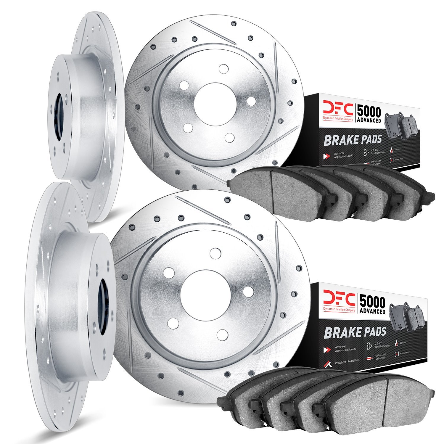 7504-52003 Drilled/Slotted Brake Rotors w/5000 Advanced Brake Pads Kit [Silver], 1984-1987 GM, Position: Front and Rear