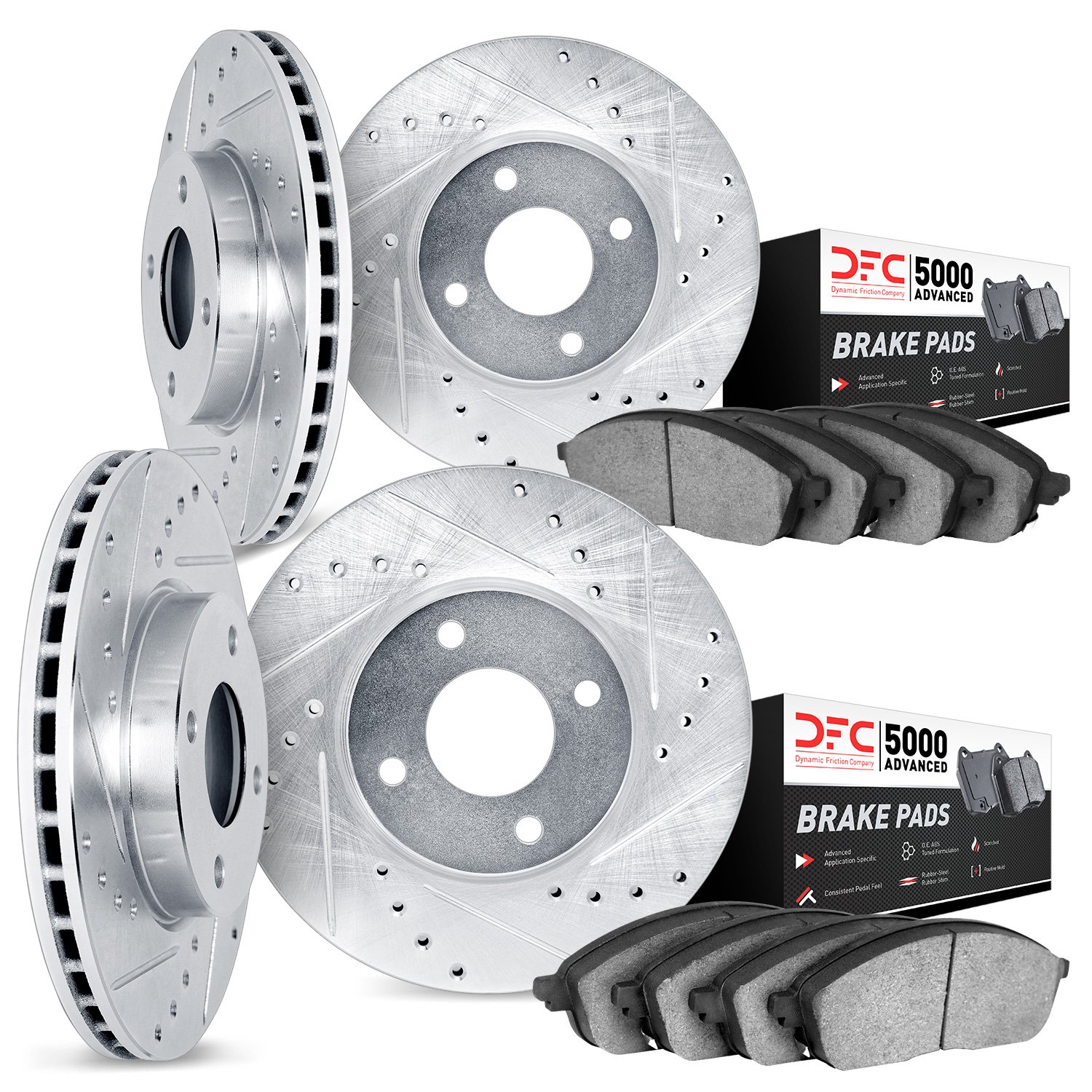 7504-56026 Drilled/Slotted Brake Rotors w/5000 Advanced Brake Pads Kit [Silver], 1995-2000 Ford/Lincoln/Mercury/Mazda, Position: