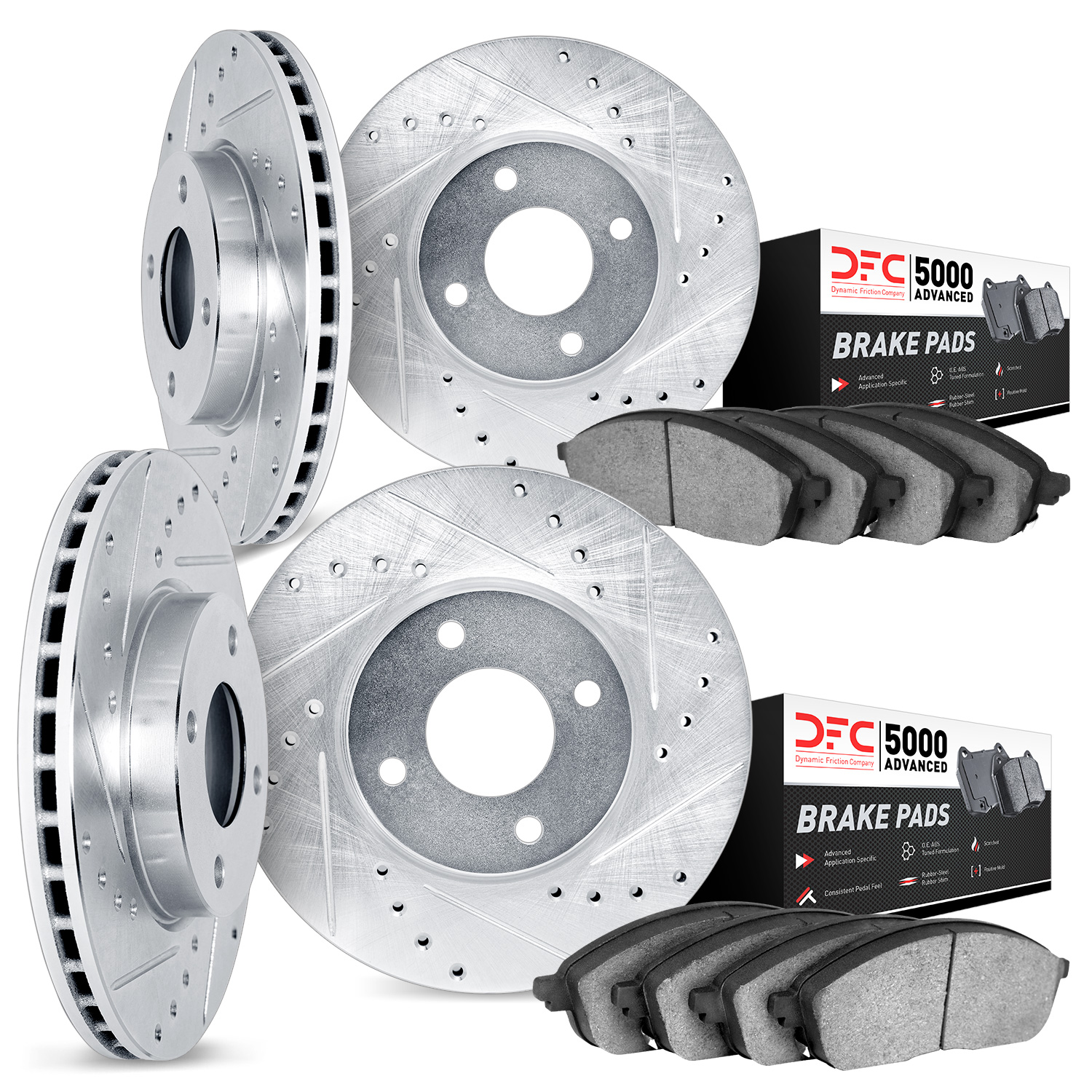 7504-56027 Drilled/Slotted Brake Rotors w/5000 Advanced Brake Pads Kit [Silver], 1998-2000 Ford/Lincoln/Mercury/Mazda, Position: